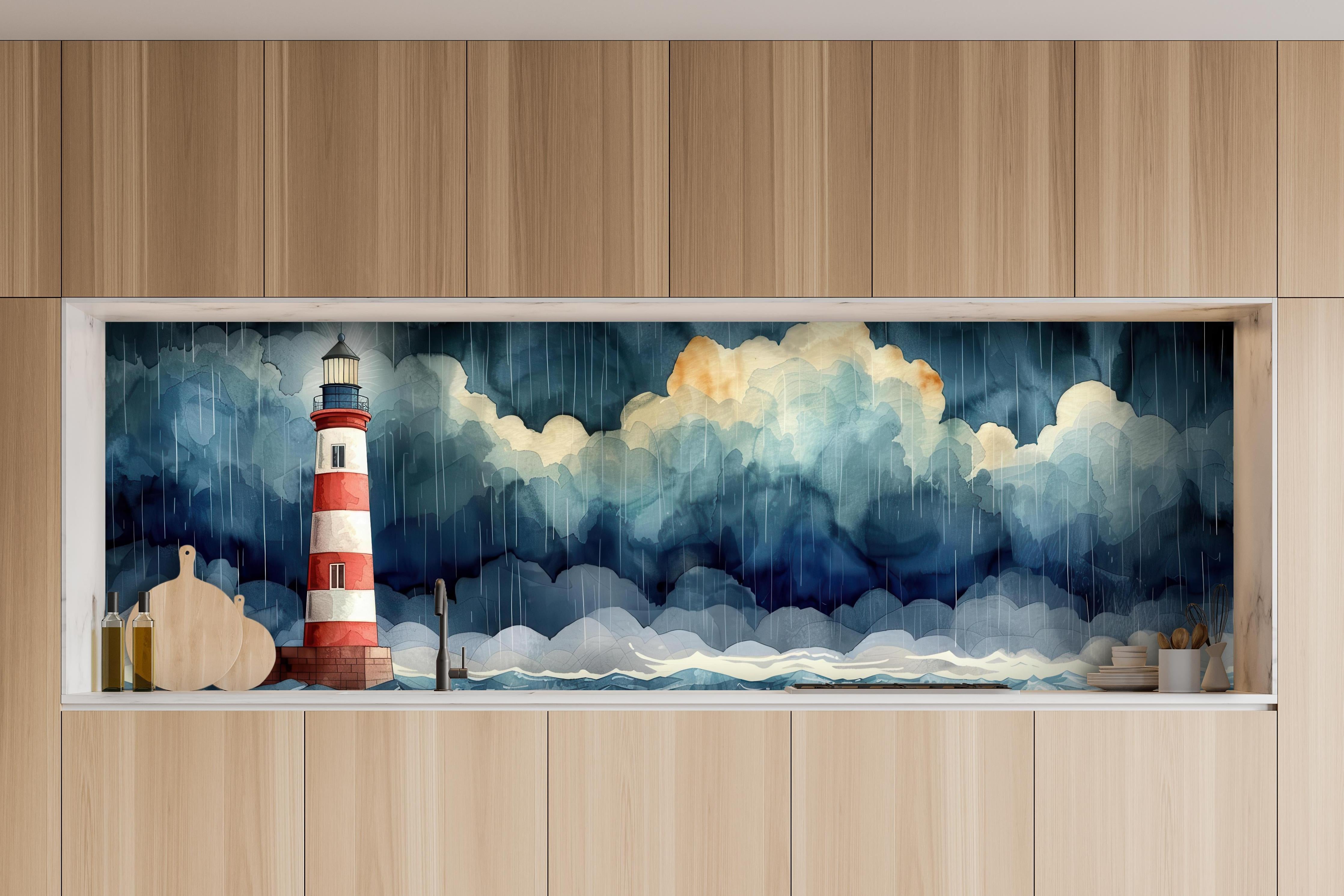 Küche - Faszinierender Leuchtturm umgeben von stürmischem Himmel hinter weißen Hochglanz-Küchenregalen und schwarzem Wasserhahn
