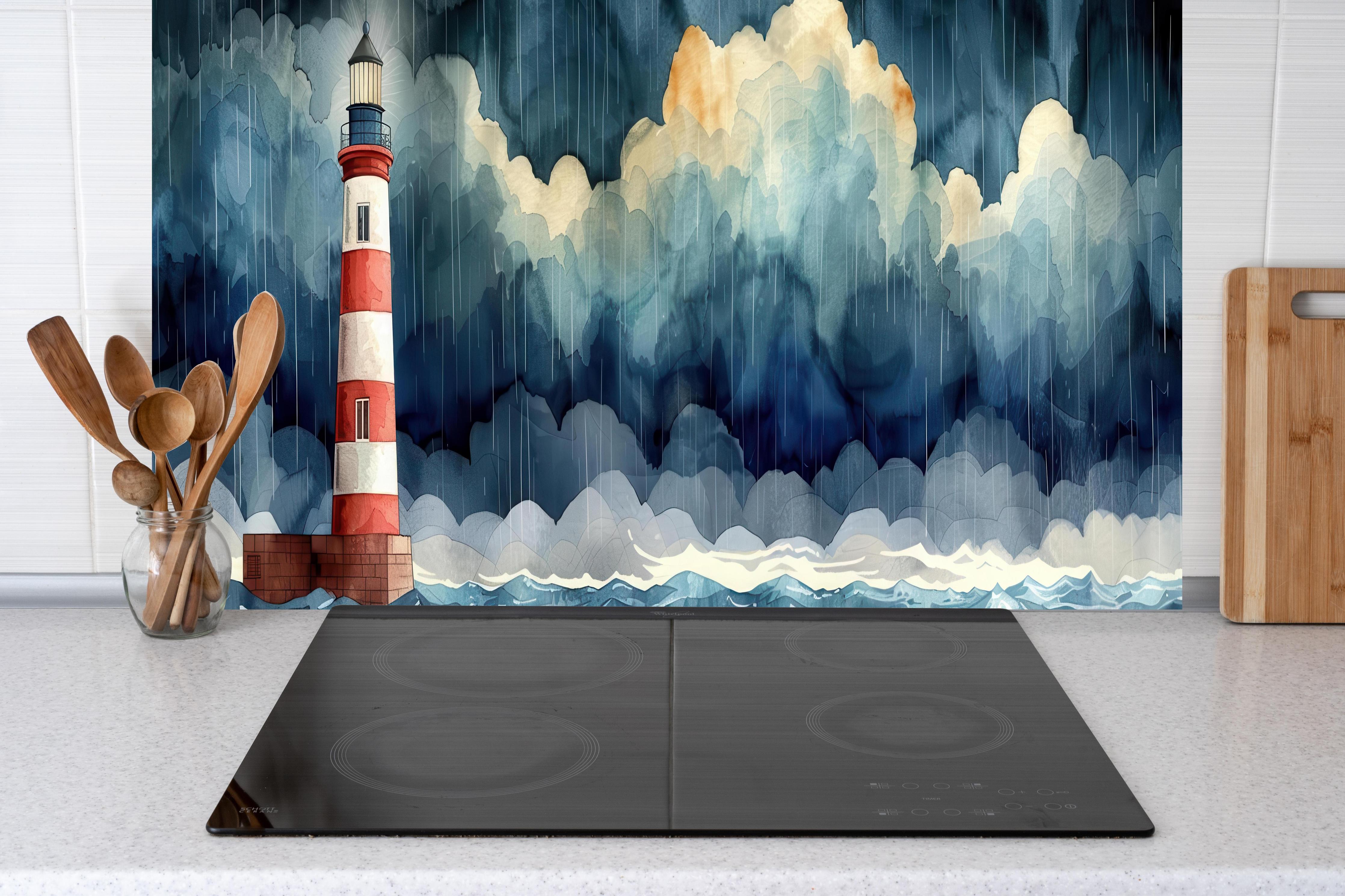 Küche - Faszinierender Leuchtturm umgeben von stürmischem Himmel hinter weißen Hochglanz-Küchenregalen und schwarzem Wasserhahn