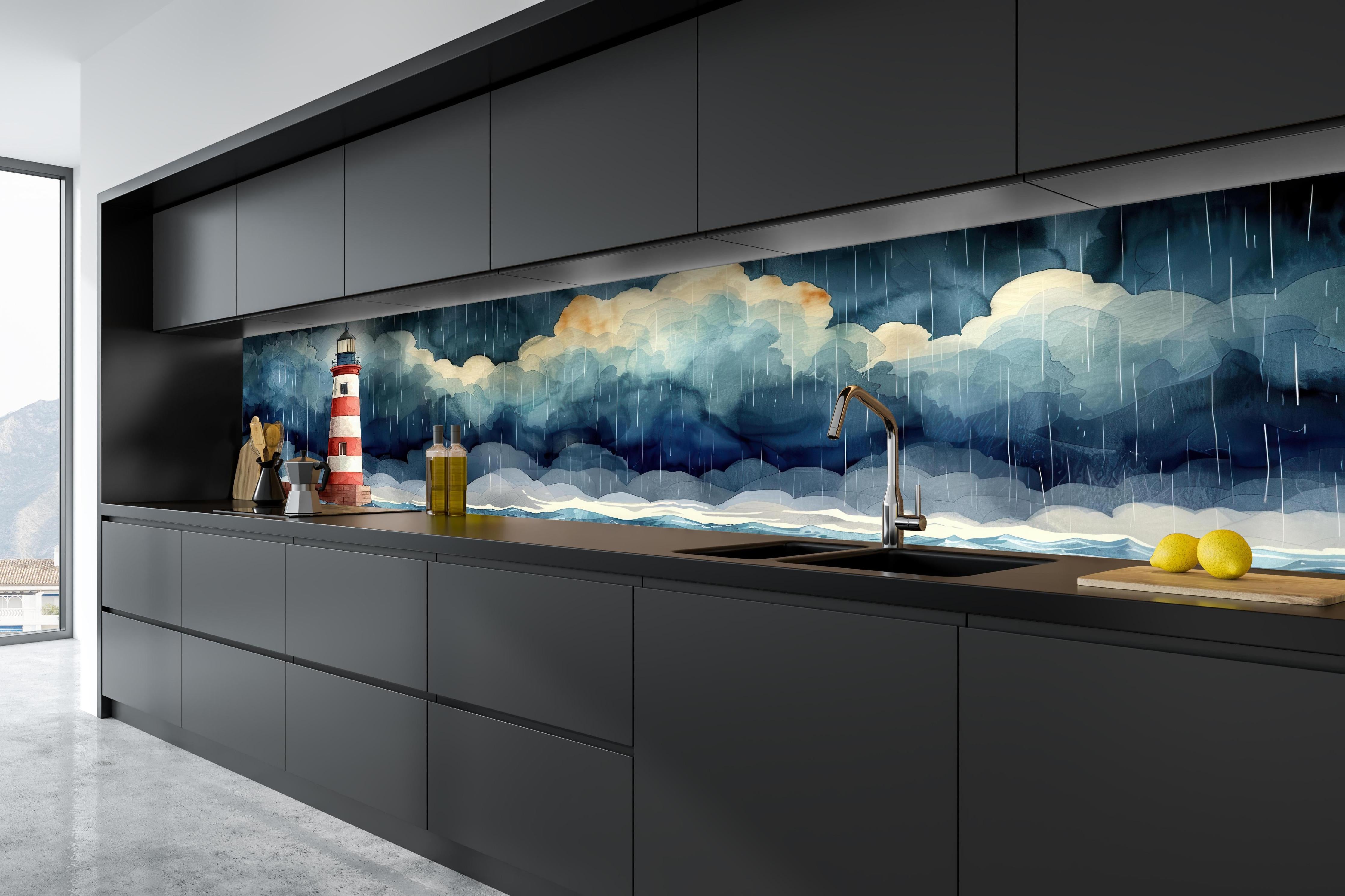 Küche - Faszinierender Leuchtturm umgeben von stürmischem Himmel hinter weißen Hochglanz-Küchenregalen und schwarzem Wasserhahn