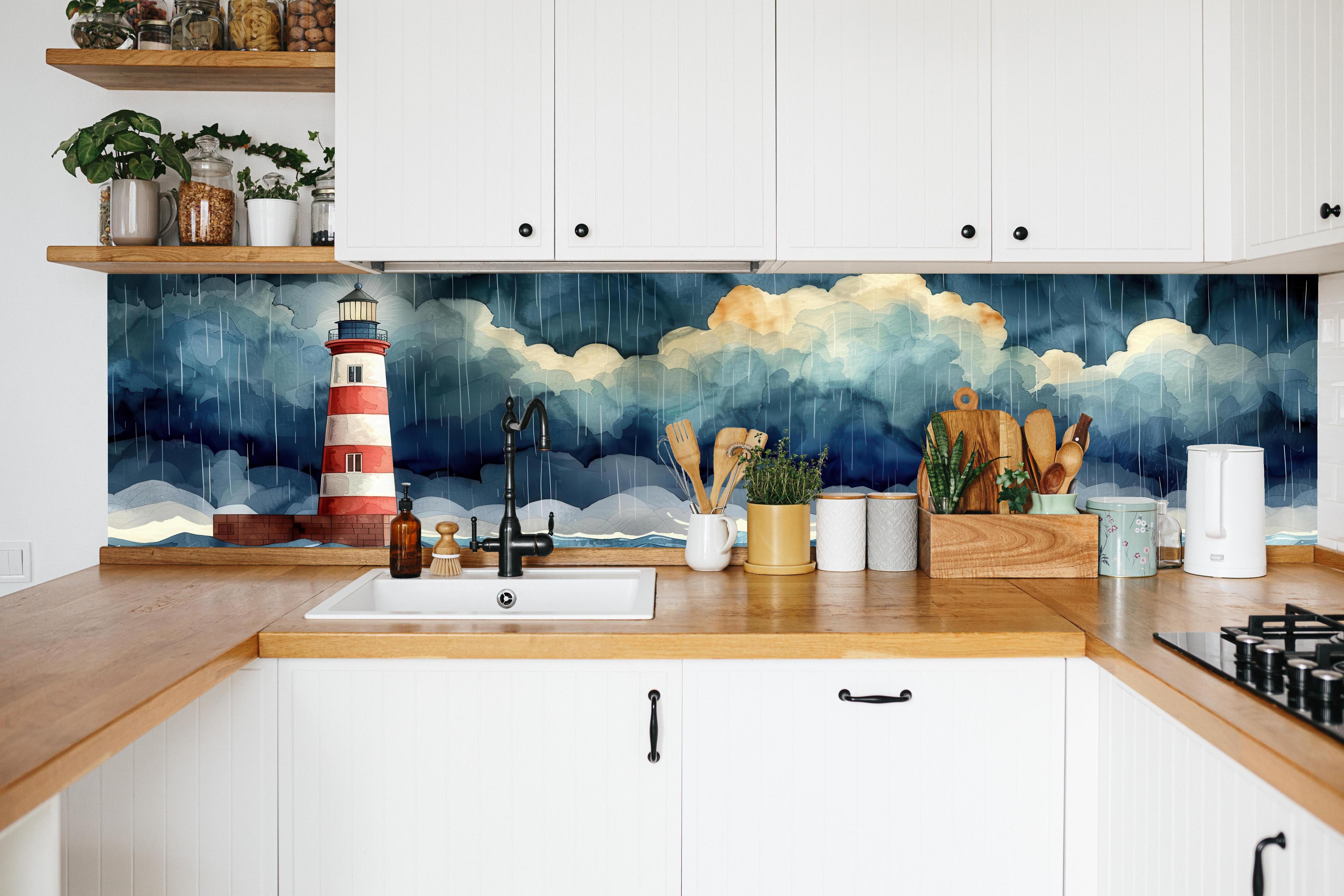 Küche - Faszinierender Leuchtturm umgeben von stürmischem Himmel hinter weißen Hochglanz-Küchenregalen und schwarzem Wasserhahn