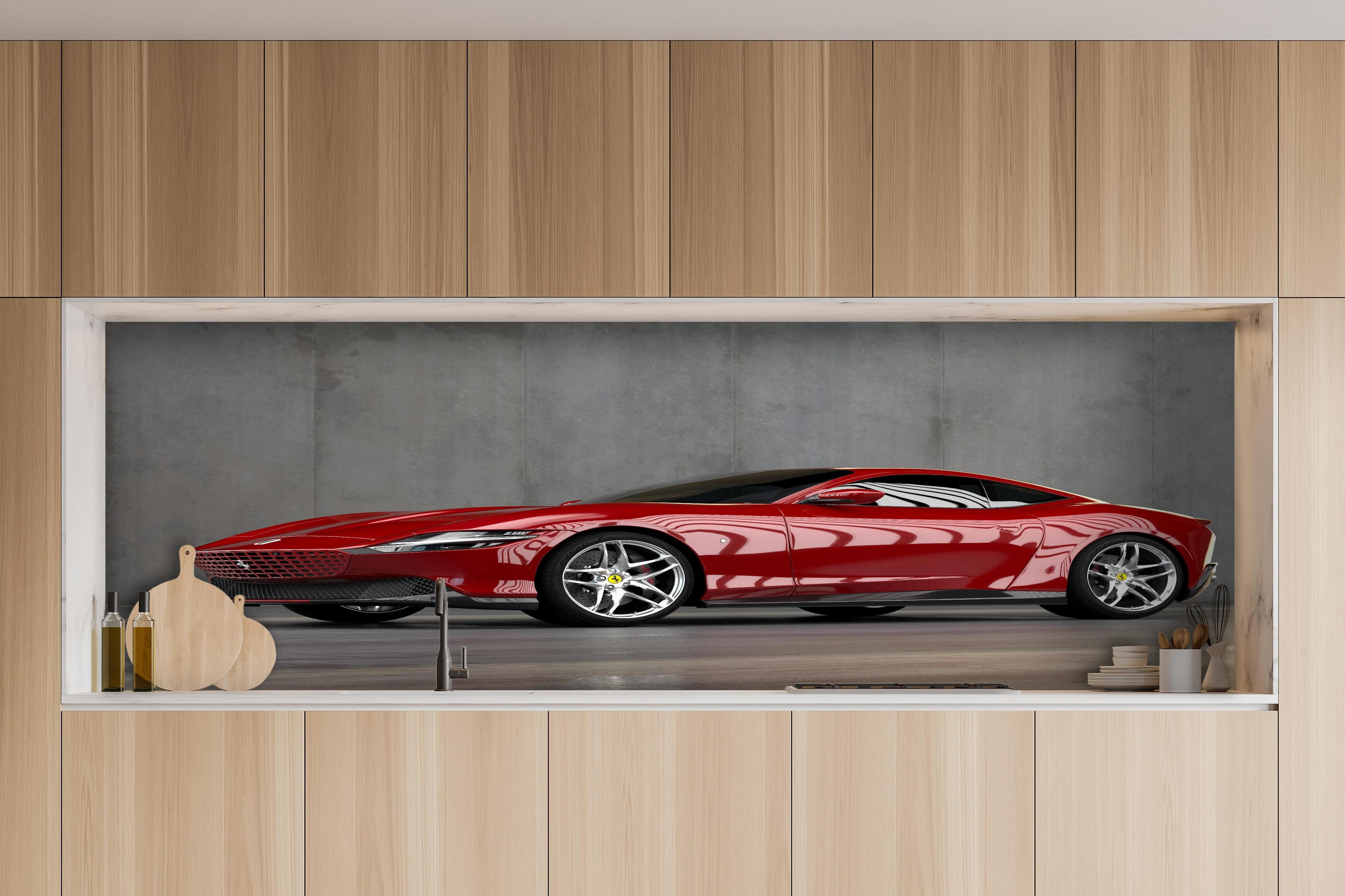 Küche - Ferrari Roma in Rosso Corsa hinter weißen Hochglanz-Küchenregalen und schwarzem Wasserhahn