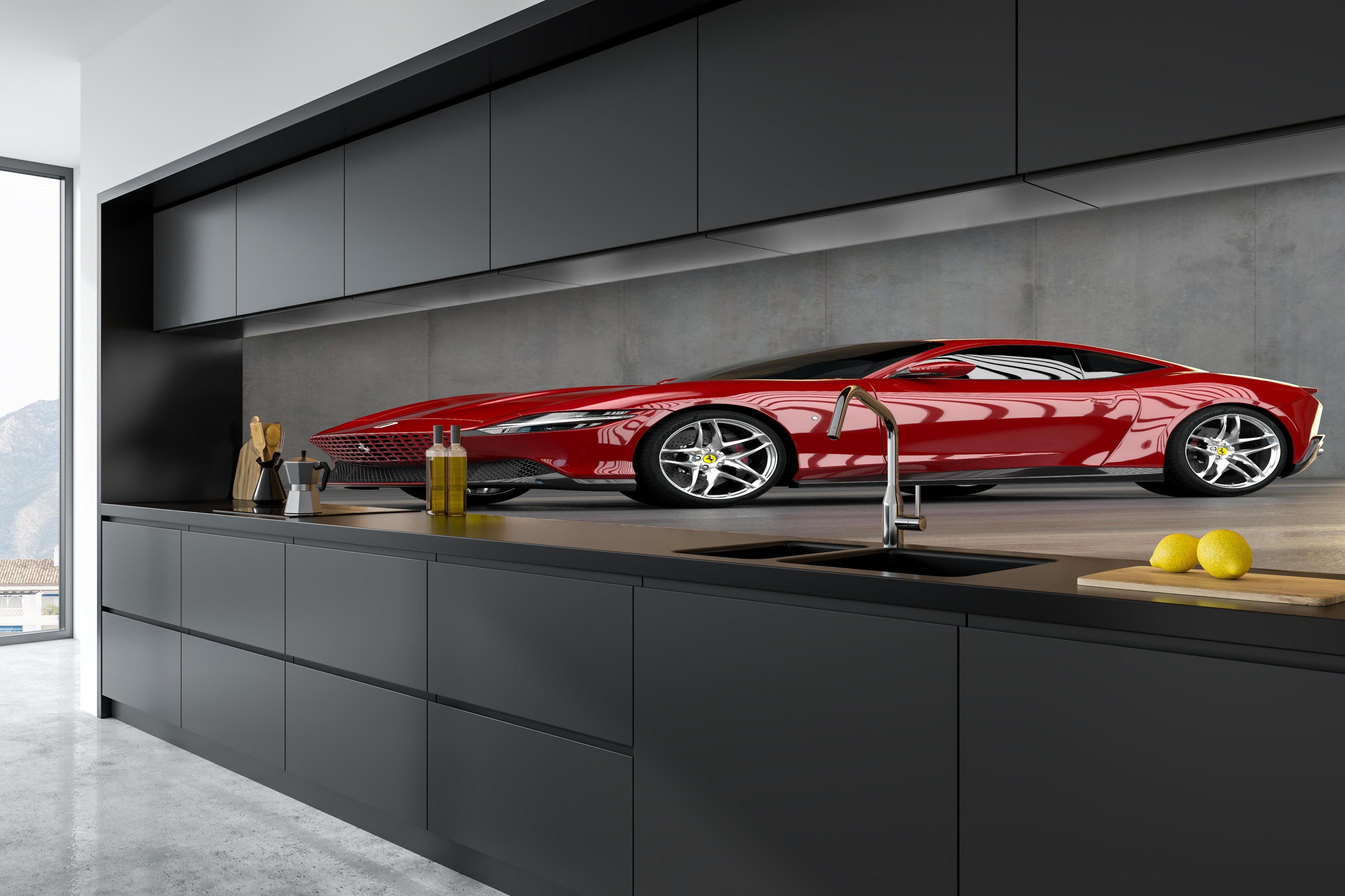 Küche - Ferrari Roma in Rosso Corsa hinter weißen Hochglanz-Küchenregalen und schwarzem Wasserhahn