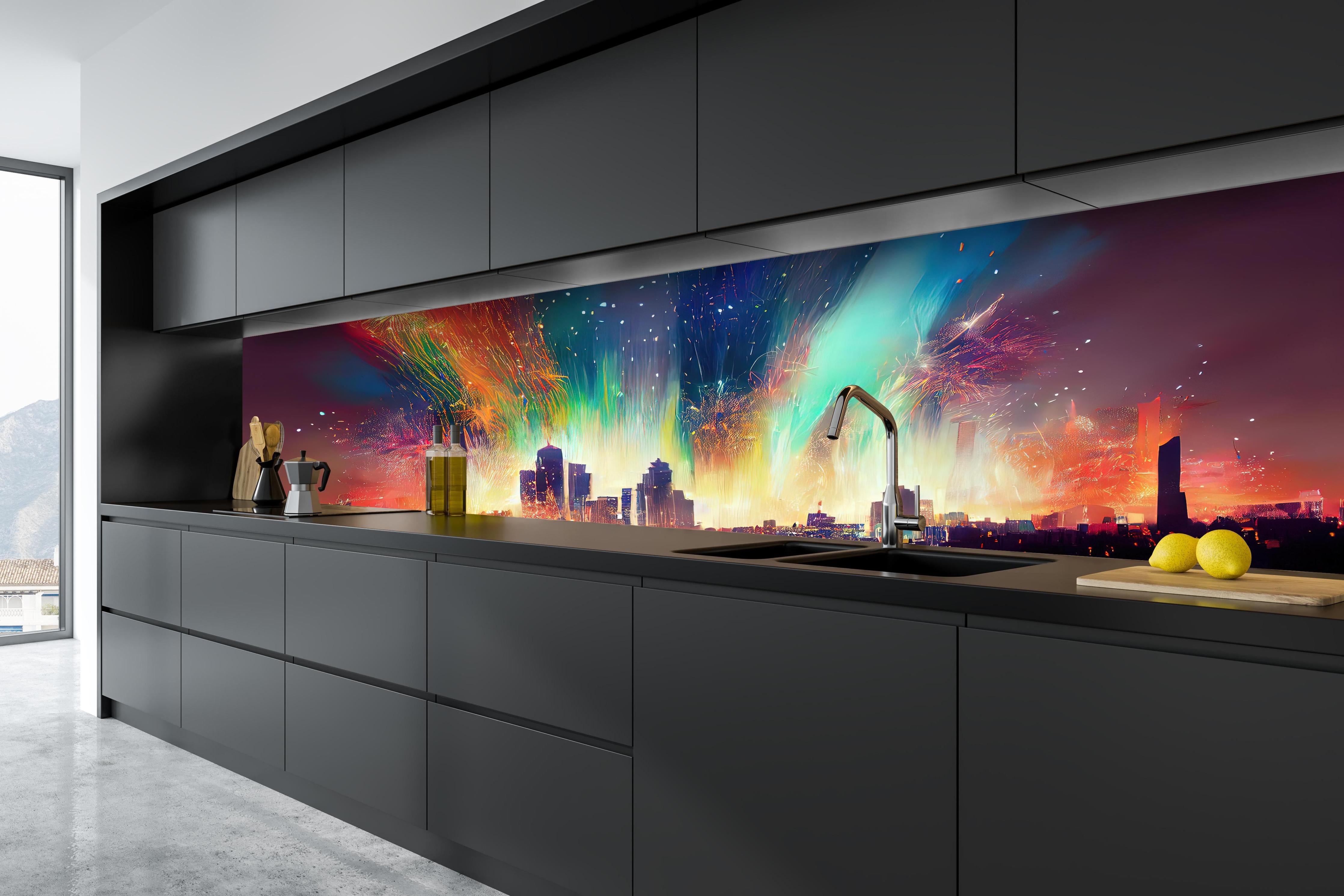 Küche - Feuerwerk über Stadt bei Nacht - Illustration hinter weißen Hochglanz-Küchenregalen und schwarzem Wasserhahn