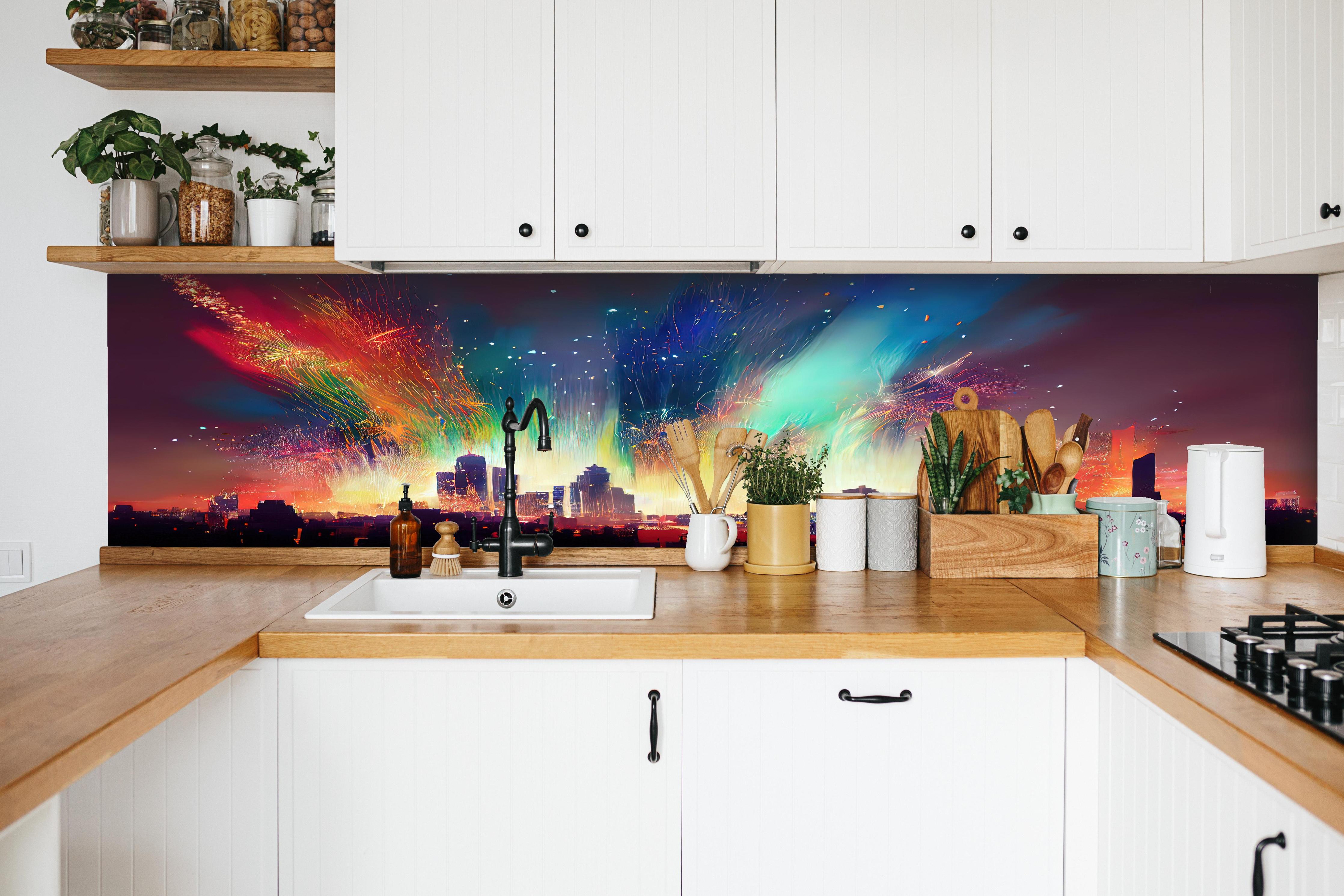 Küche - Feuerwerk über Stadt bei Nacht - Illustration hinter weißen Hochglanz-Küchenregalen und schwarzem Wasserhahn