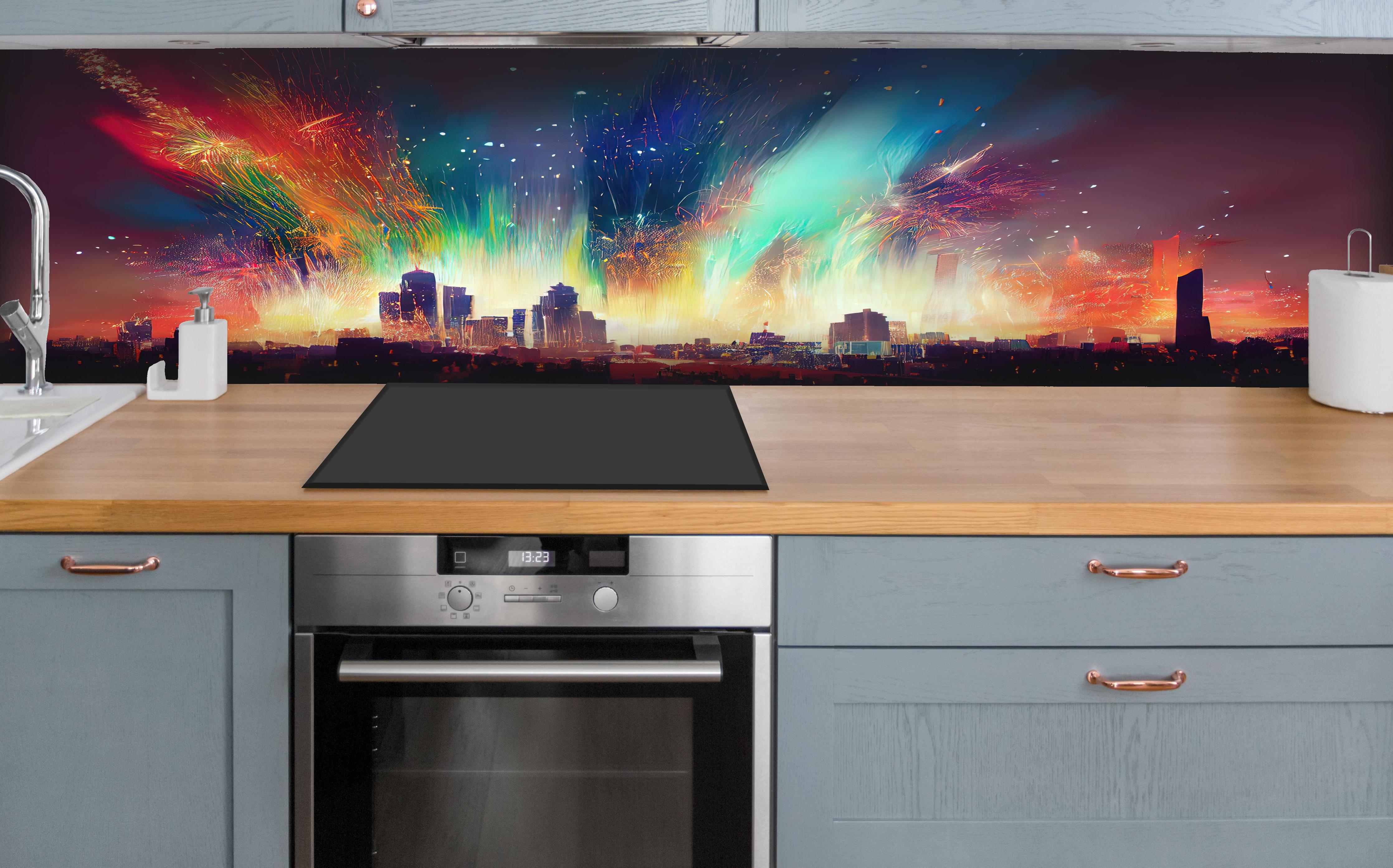 Küche - Feuerwerk über Stadt bei Nacht - Illustration hinter weißen Hochglanz-Küchenregalen und schwarzem Wasserhahn