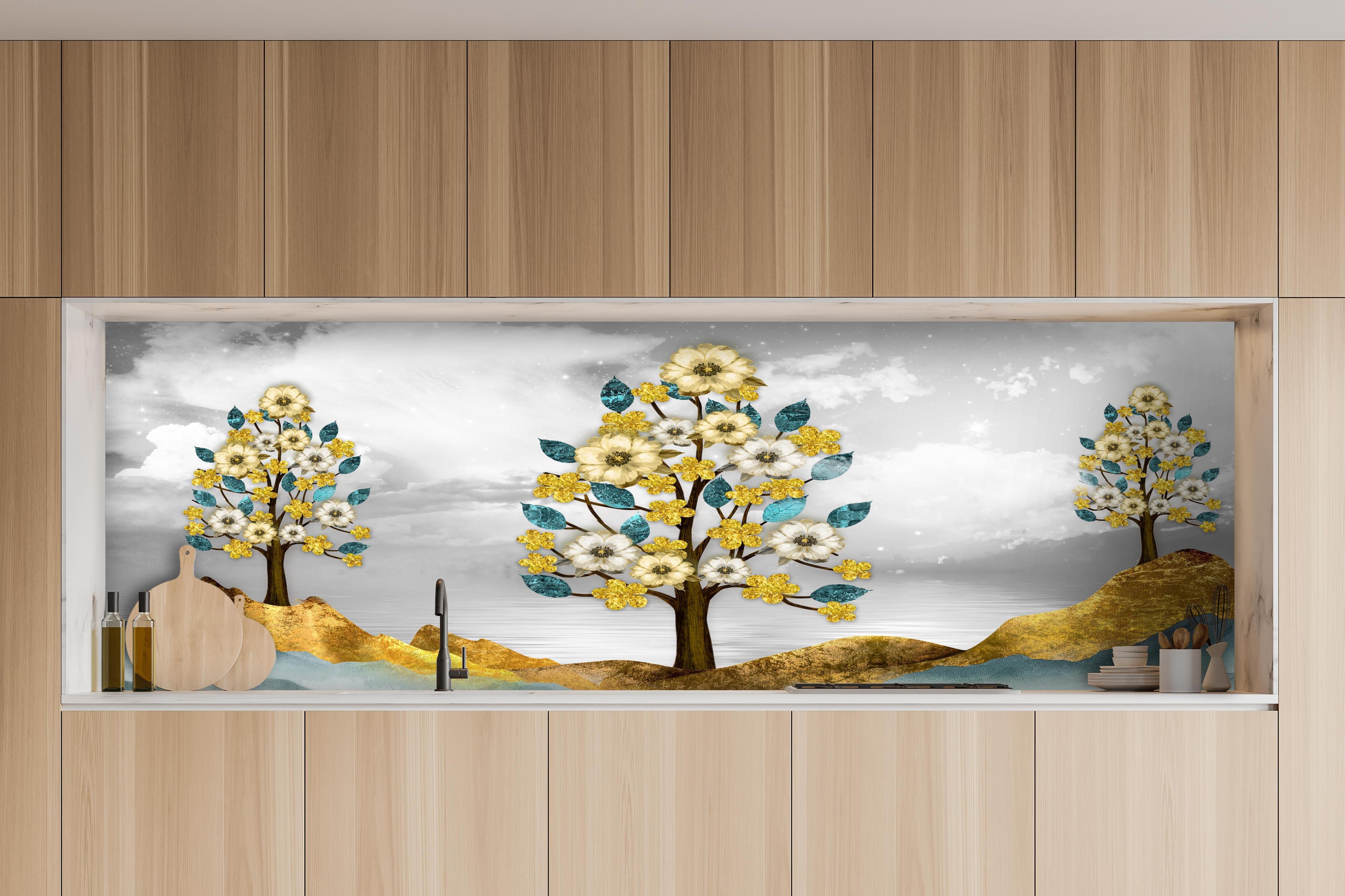 Küche - Florale Kunstmalerei - Natur hinter weißen Hochglanz-Küchenregalen und schwarzem Wasserhahn