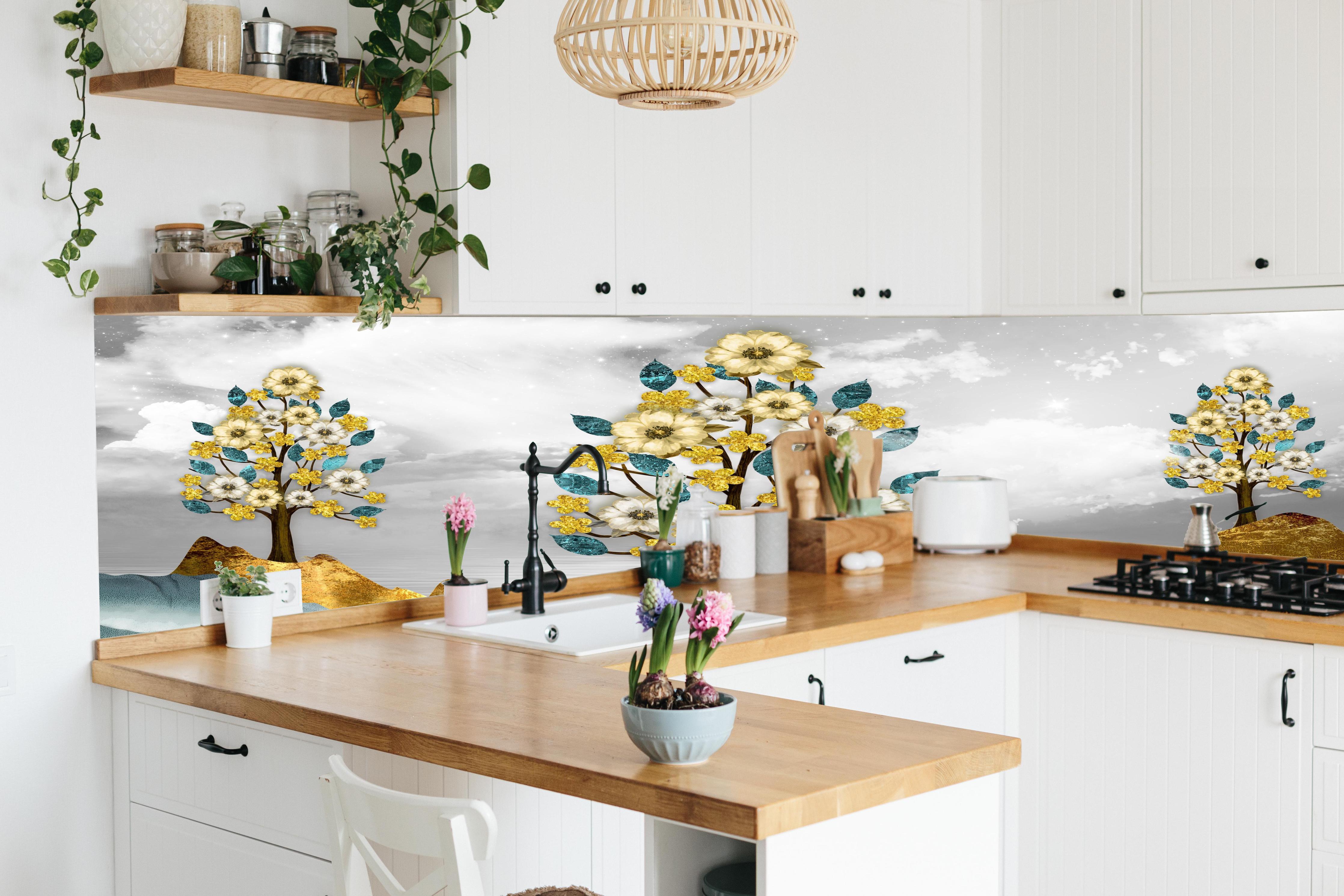 Küche - Florale Kunstmalerei - Natur hinter weißen Hochglanz-Küchenregalen und schwarzem Wasserhahn