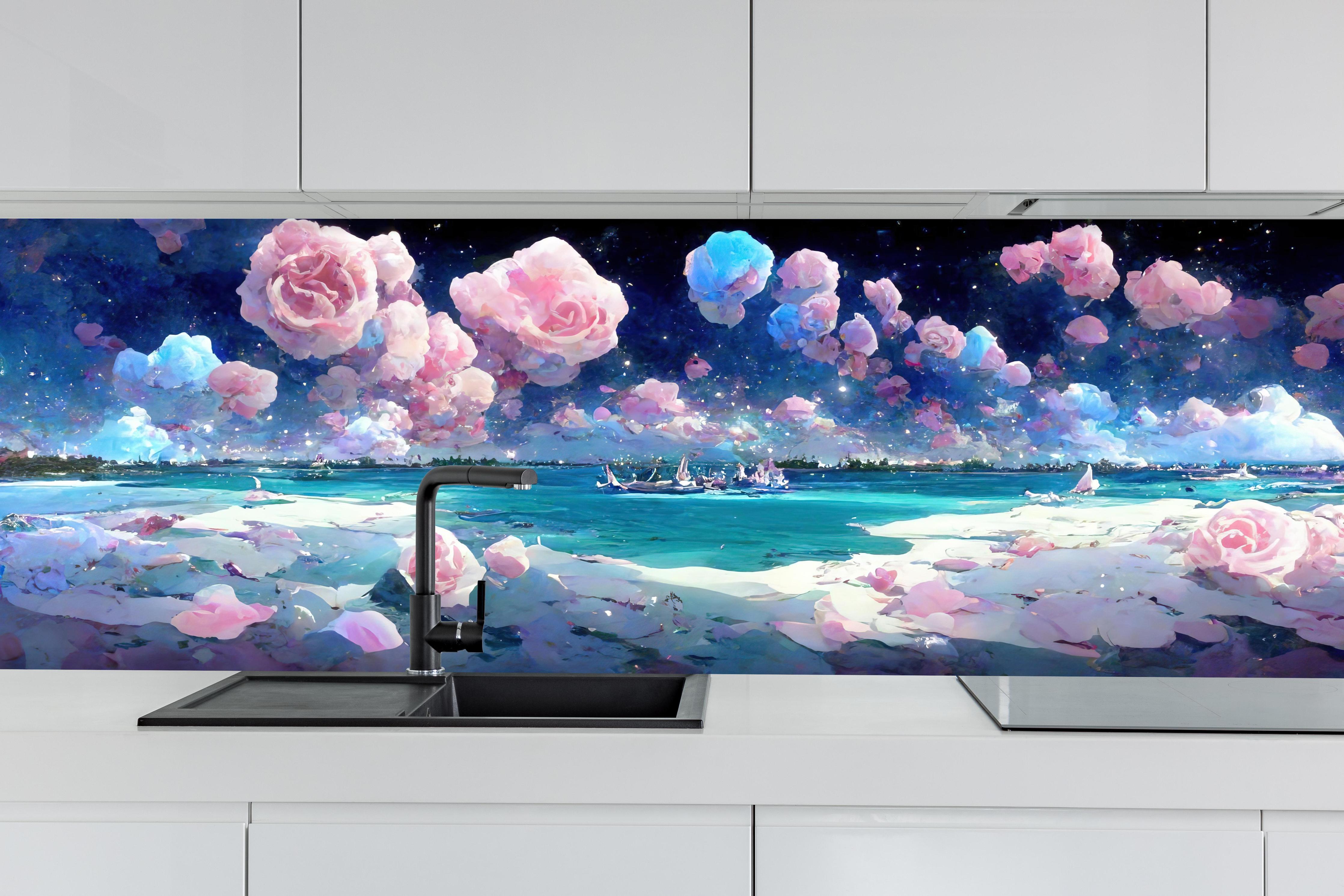Küche - Florale Traumwelt - Ozean hinter weißen Hochglanz-Küchenregalen und schwarzem Wasserhahn