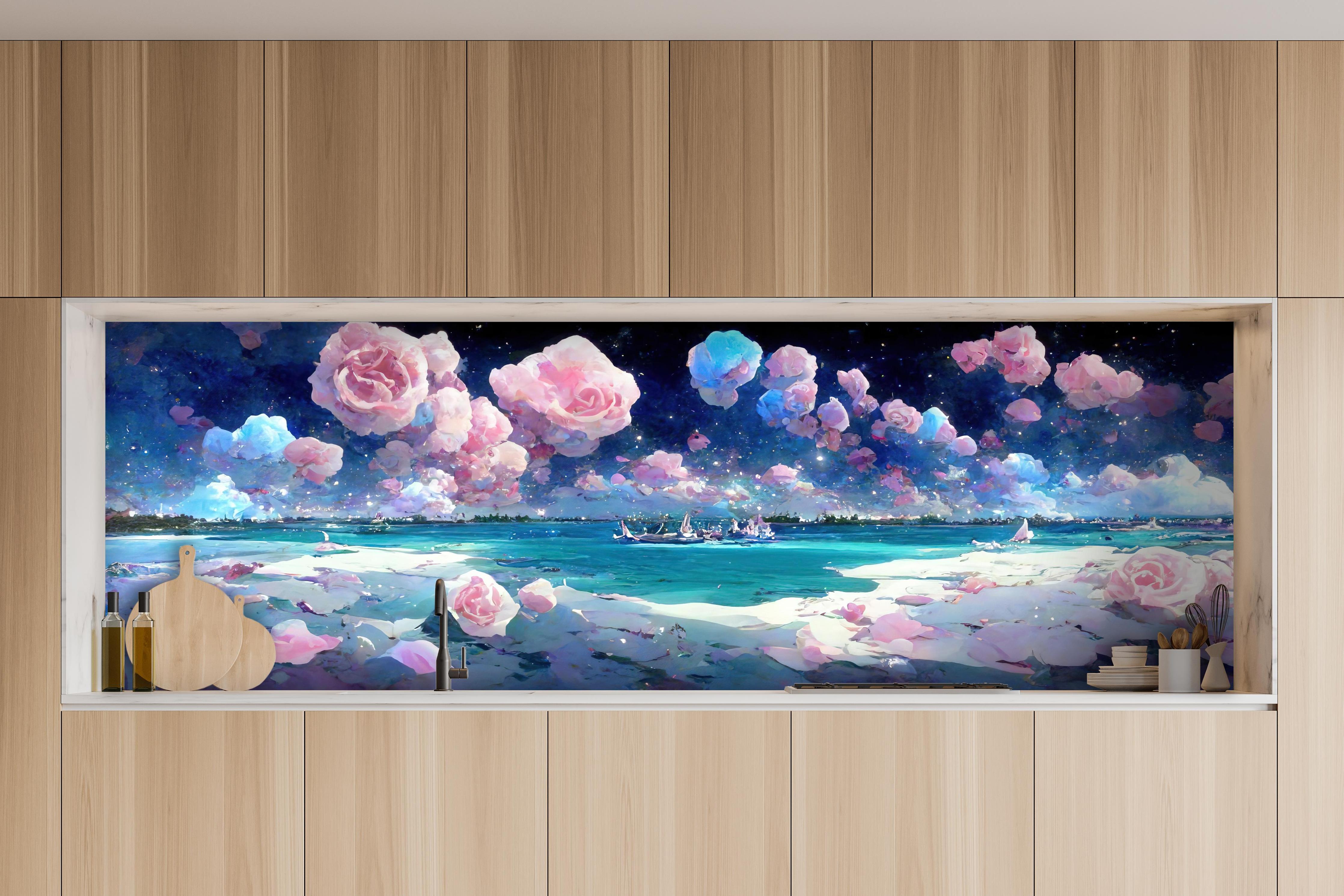 Küche - Florale Traumwelt - Ozean hinter weißen Hochglanz-Küchenregalen und schwarzem Wasserhahn