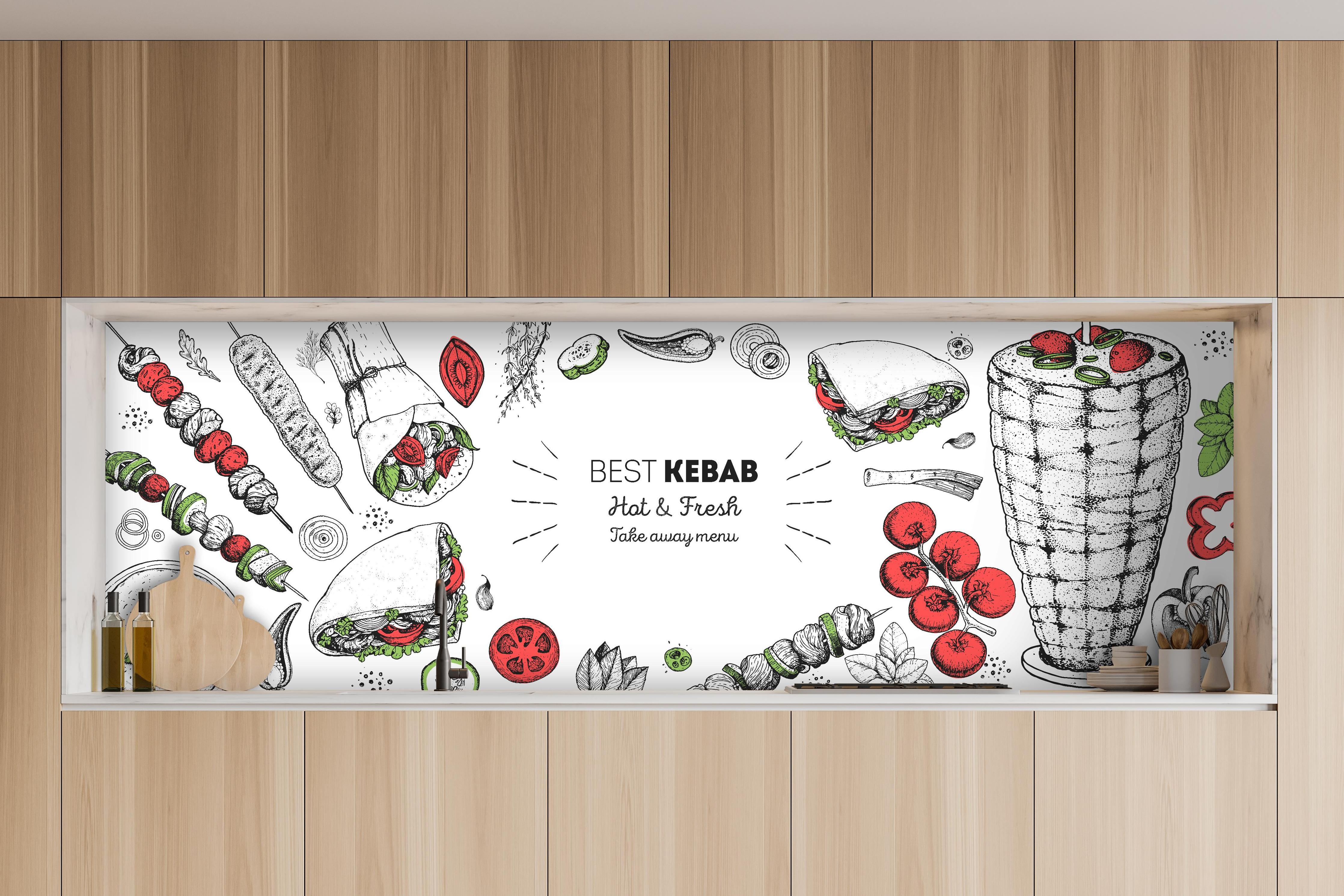 Küche - Frisches Kebab Design mit Gemüseillustration hinter weißen Hochglanz-Küchenregalen und schwarzem Wasserhahn