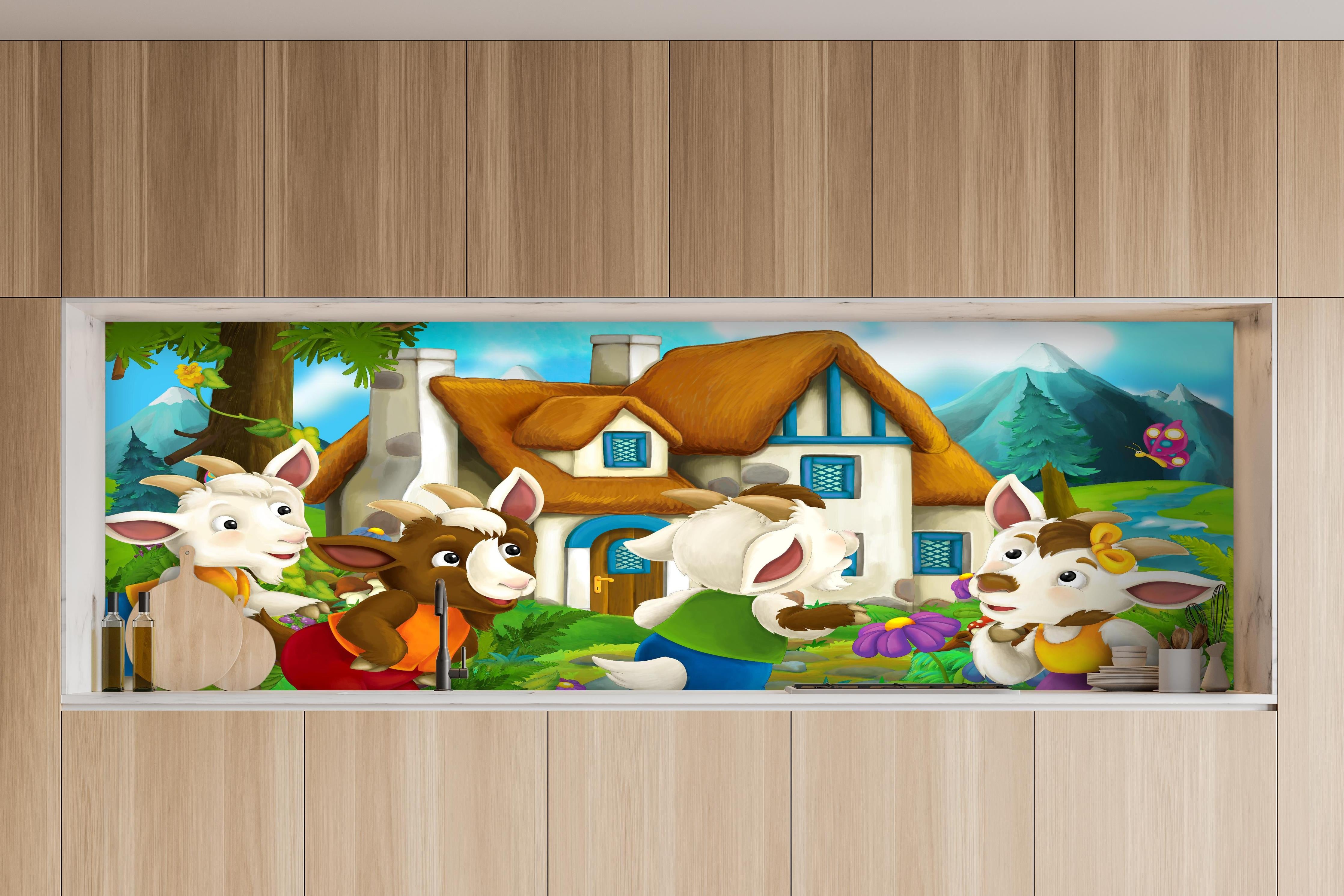 Küche - Fröhliche Cartoon Ziegen hinter weißen Hochglanz-Küchenregalen und schwarzem Wasserhahn