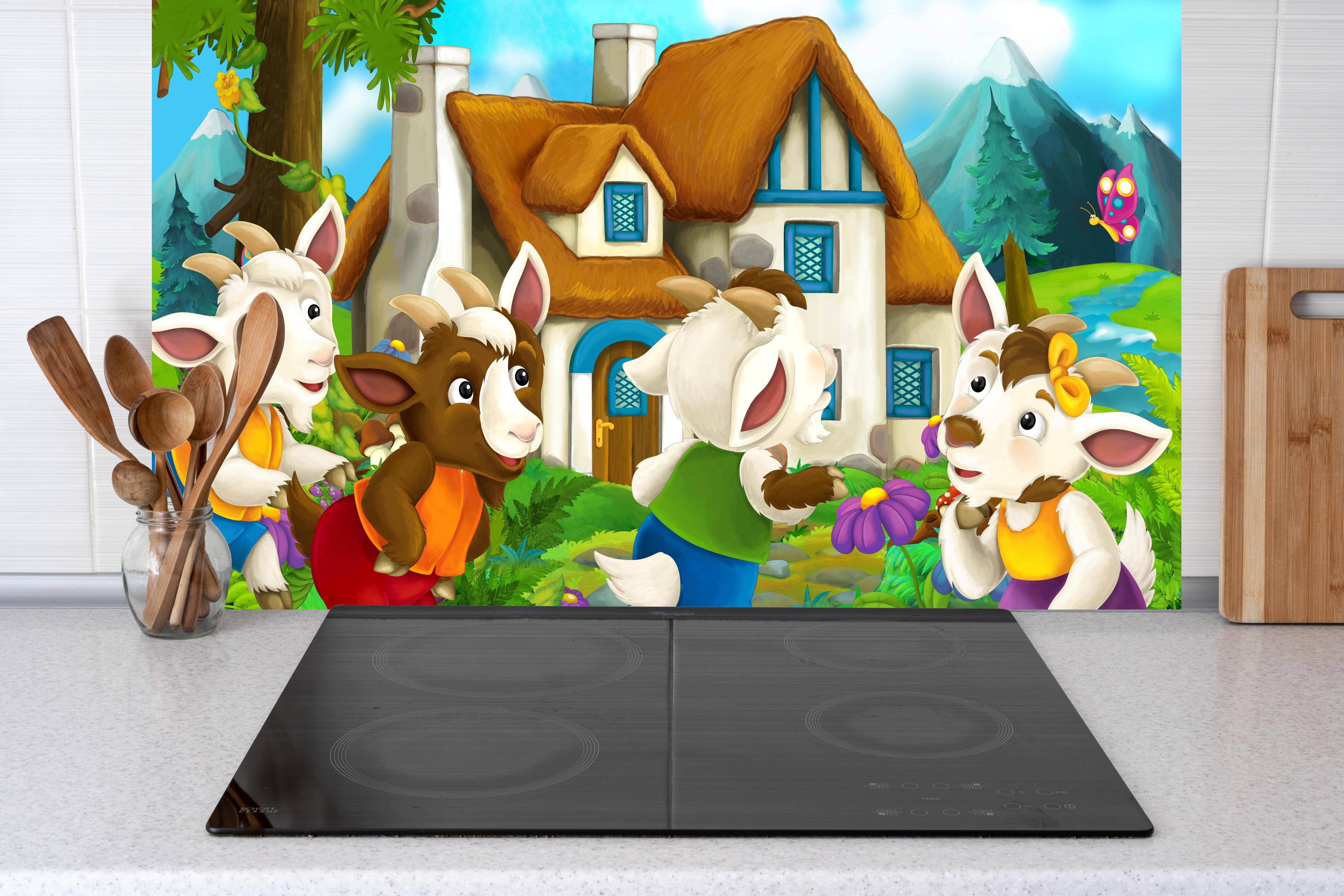 Küche - Fröhliche Cartoon Ziegen hinter weißen Hochglanz-Küchenregalen und schwarzem Wasserhahn