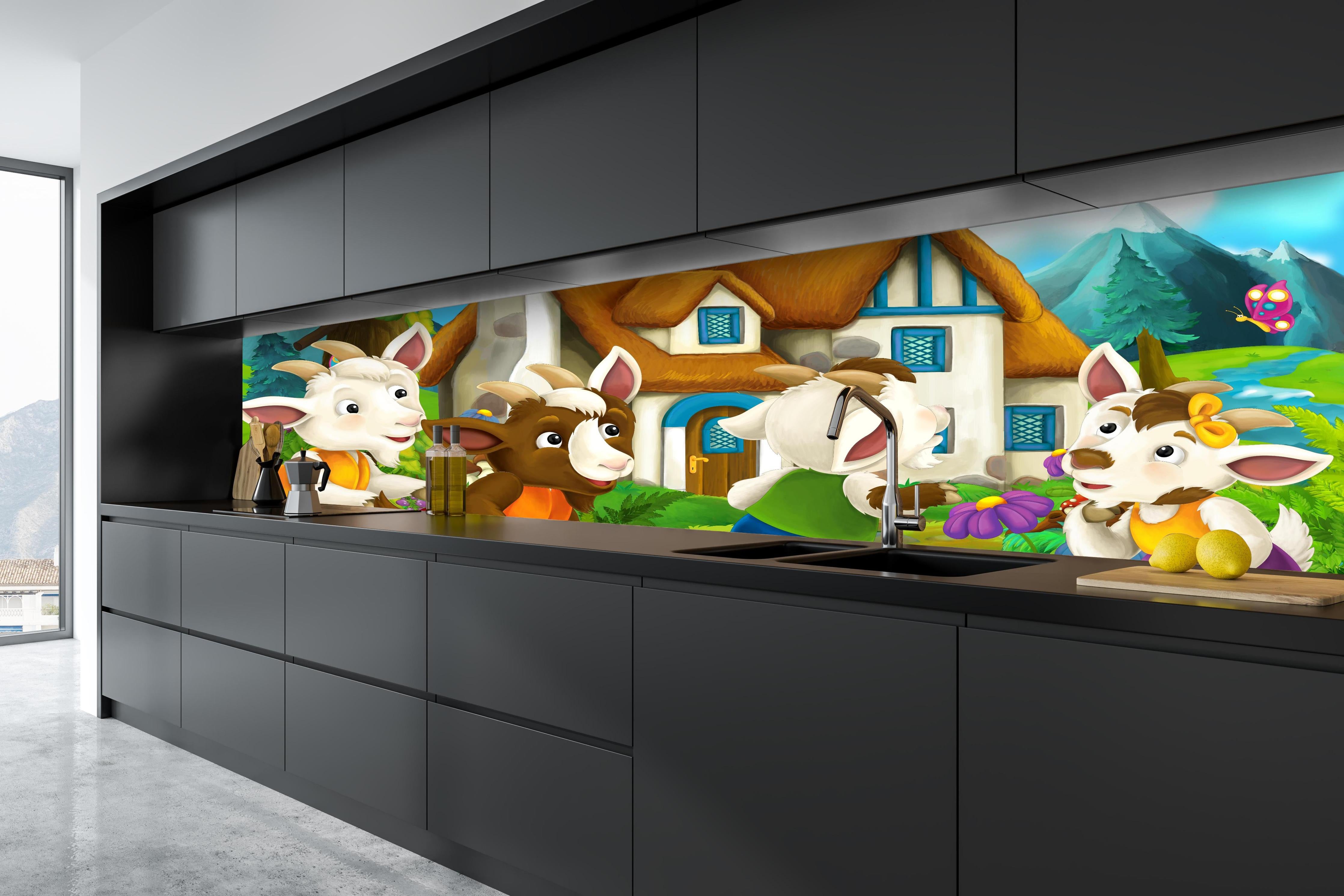 Küche - Fröhliche Cartoon Ziegen hinter weißen Hochglanz-Küchenregalen und schwarzem Wasserhahn