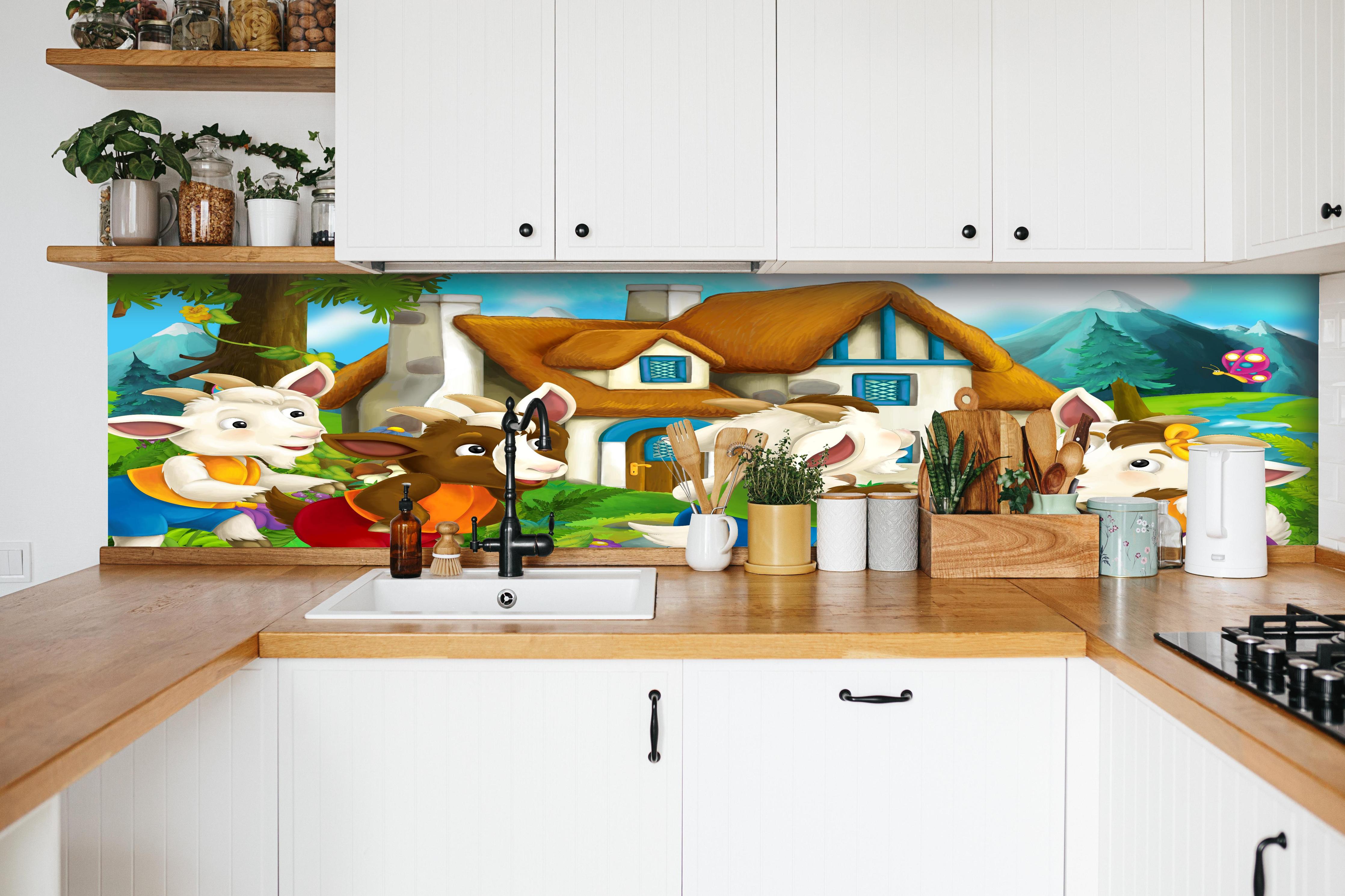 Küche - Fröhliche Cartoon Ziegen hinter weißen Hochglanz-Küchenregalen und schwarzem Wasserhahn