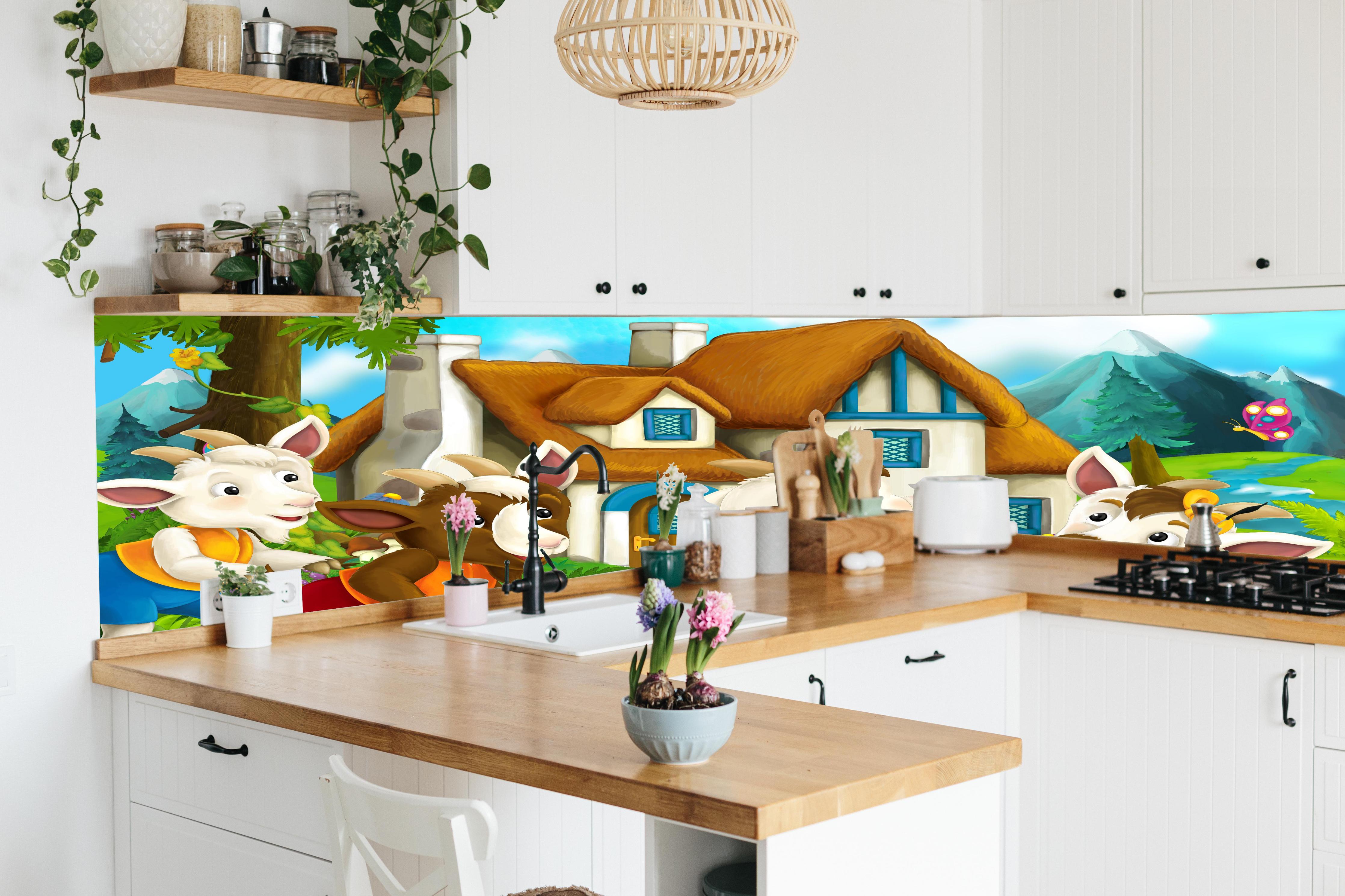 Küche - Fröhliche Cartoon Ziegen hinter weißen Hochglanz-Küchenregalen und schwarzem Wasserhahn