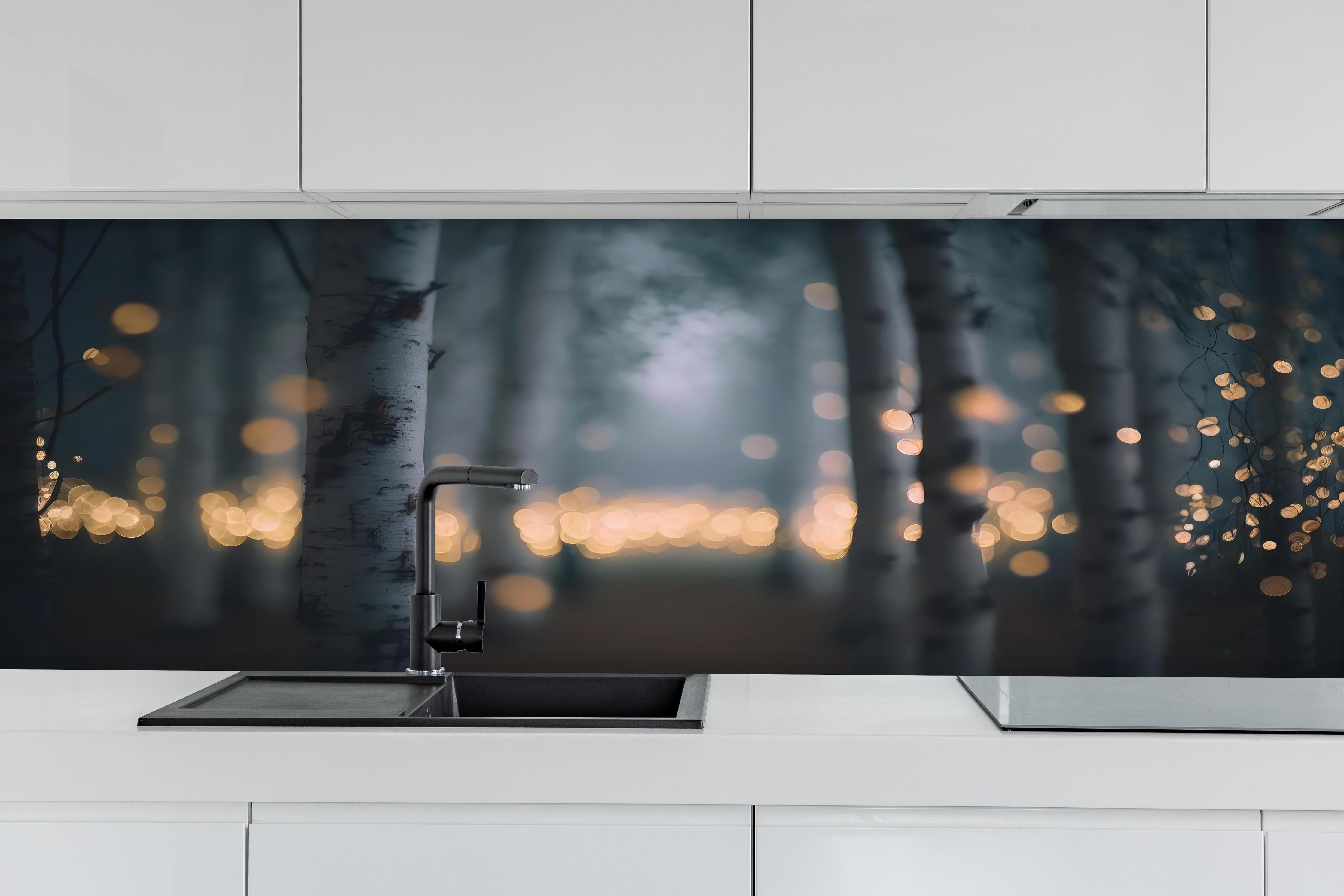 Küche - Funkelnder Birkenwald hinter weißen Hochglanz-Küchenregalen und schwarzem Wasserhahn