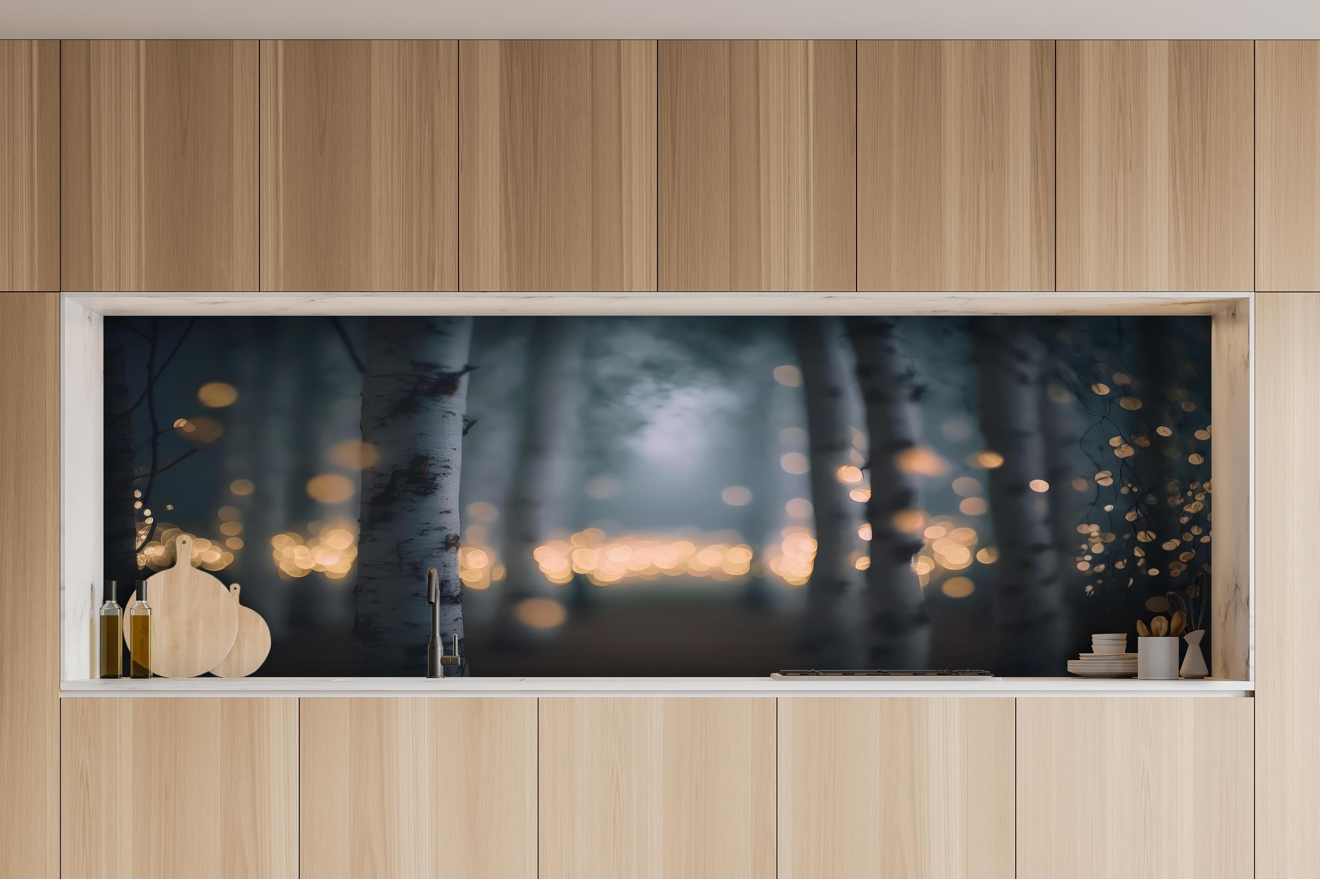 Küche - Funkelnder Birkenwald hinter weißen Hochglanz-Küchenregalen und schwarzem Wasserhahn