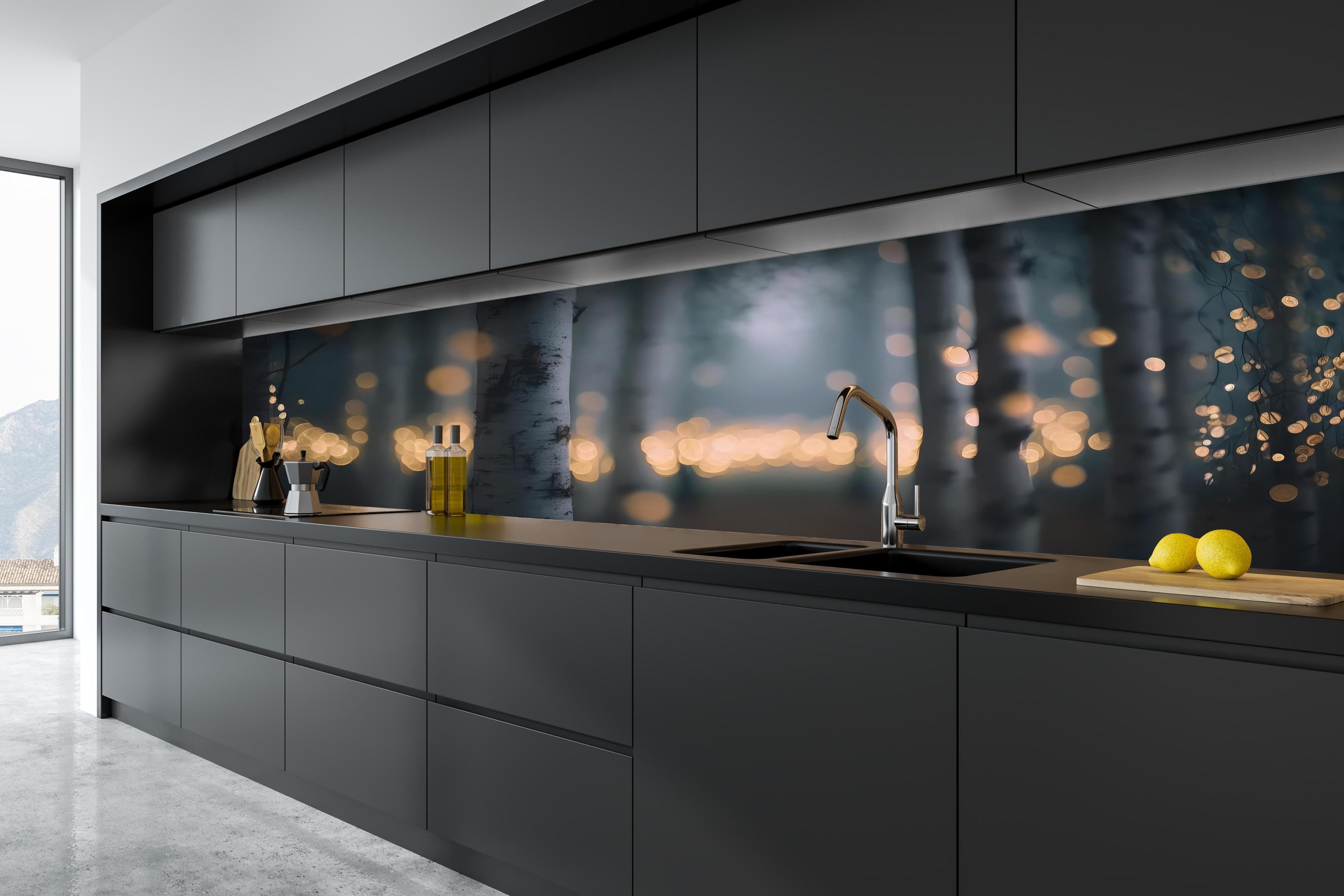 Küche - Funkelnder Birkenwald hinter weißen Hochglanz-Küchenregalen und schwarzem Wasserhahn