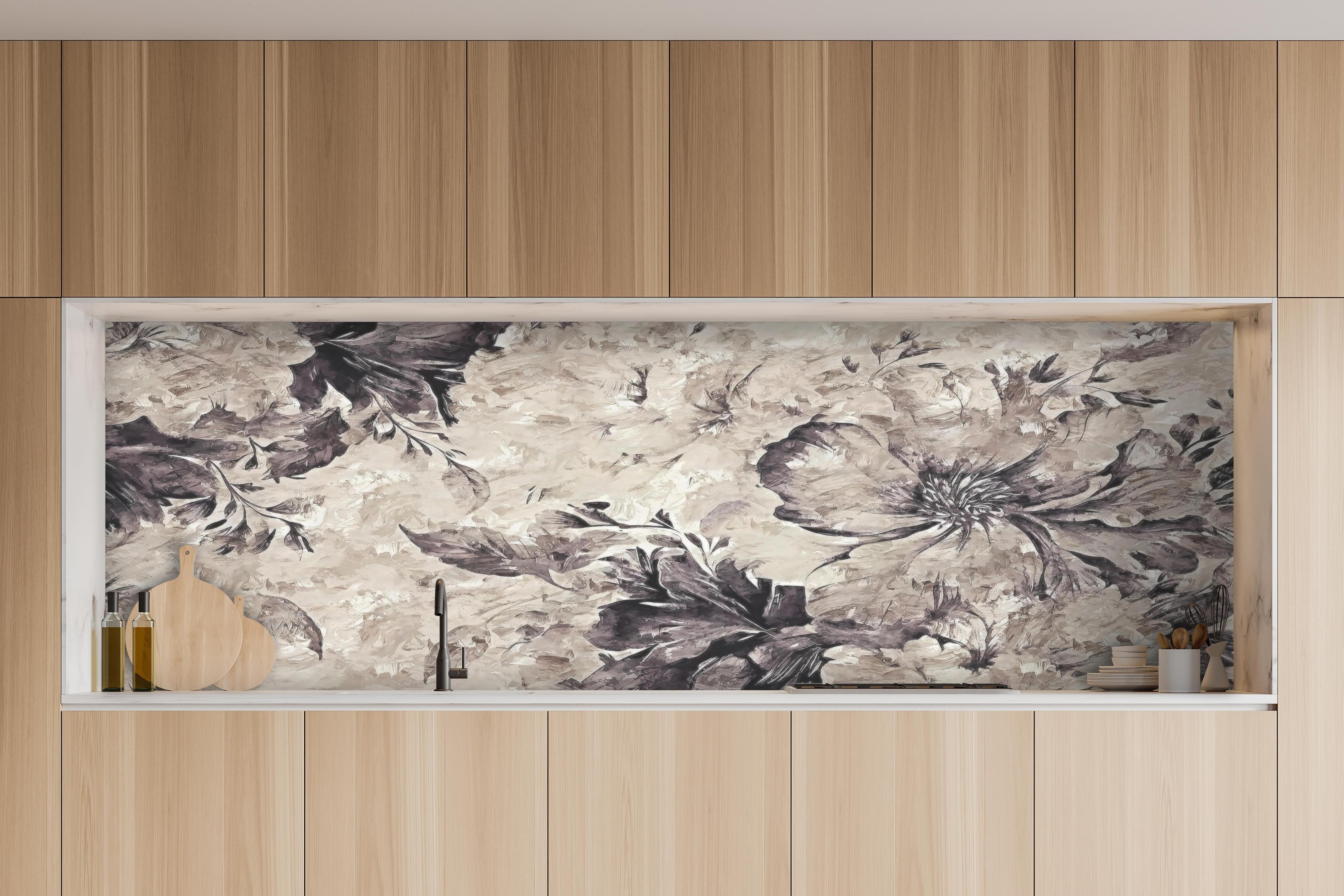 Küche - Gemälde - Büsche hinter weißen Hochglanz-Küchenregalen und schwarzem Wasserhahn