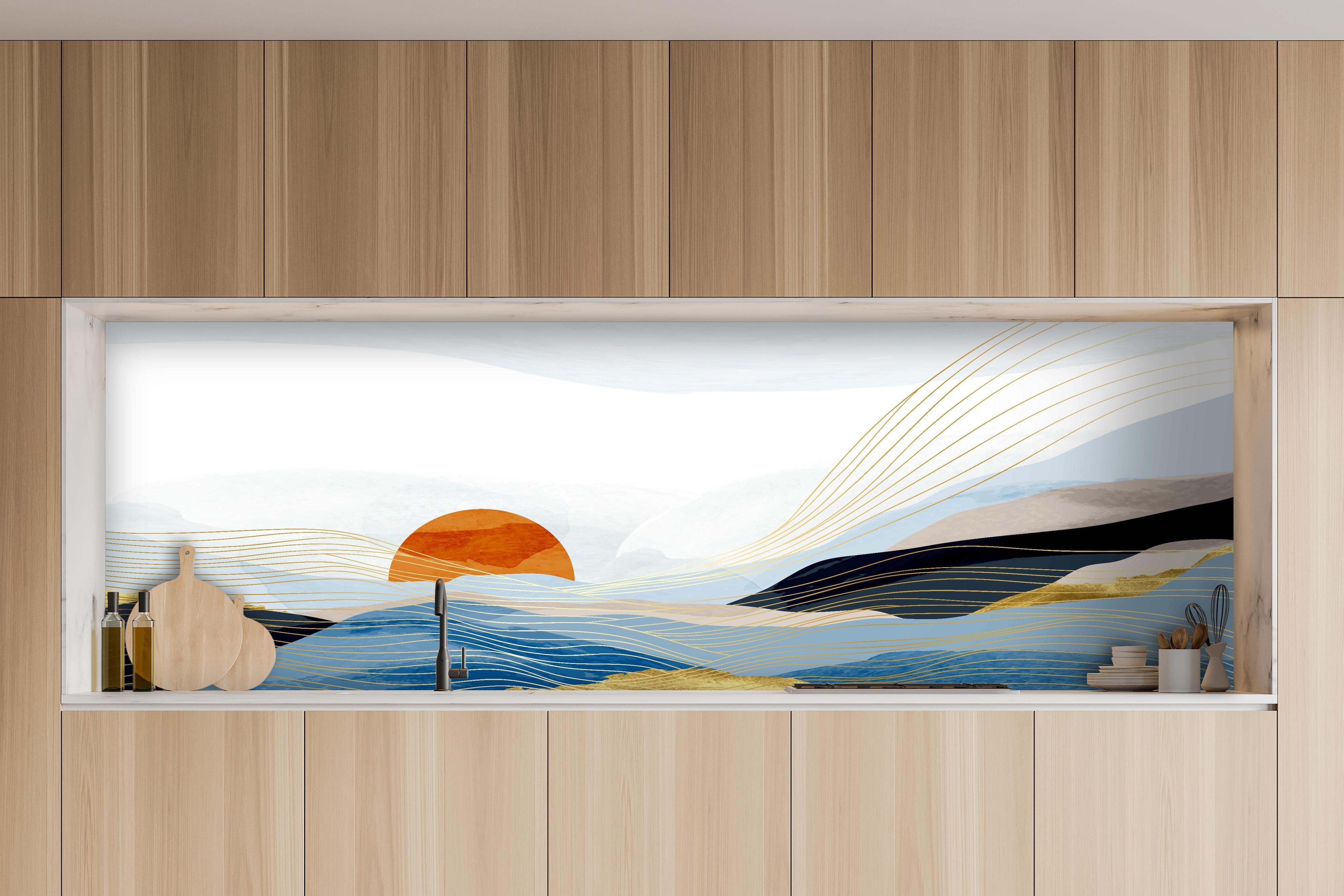 Küche - Geometrische Sonne und Wellen Illustration hinter weißen Hochglanz-Küchenregalen und schwarzem Wasserhahn