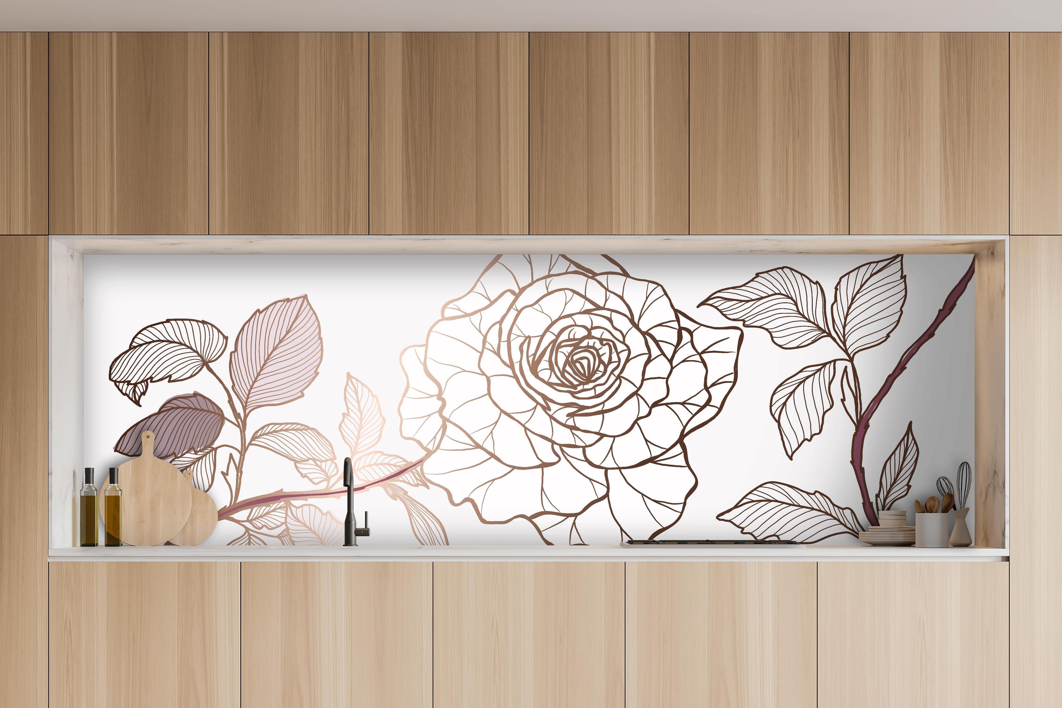 Küche - Gezeichnete Sepia Rose mit Linienkunst hinter weißen Hochglanz-Küchenregalen und schwarzem Wasserhahn