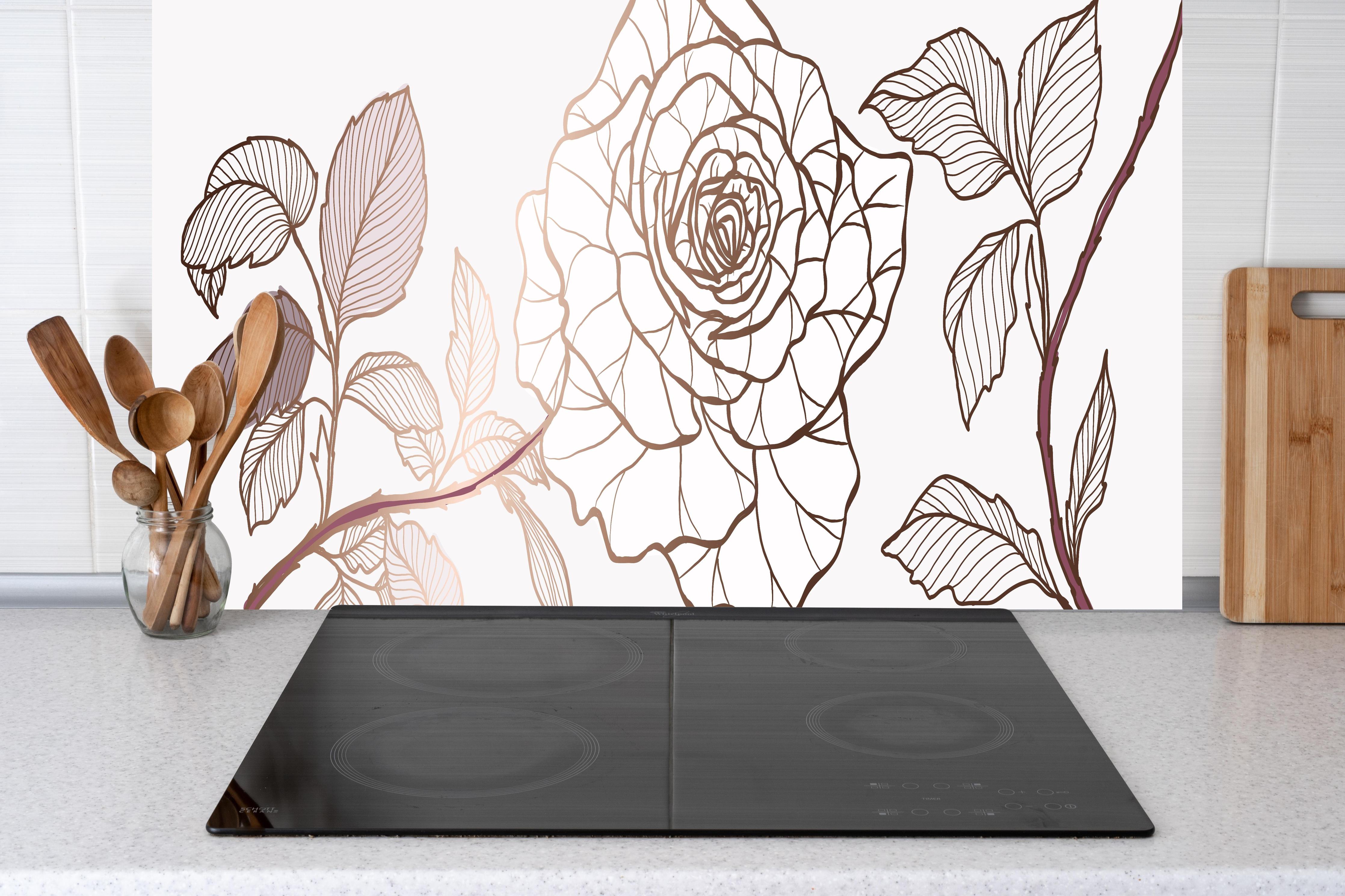 Küche - Gezeichnete Sepia Rose mit Linienkunst hinter weißen Hochglanz-Küchenregalen und schwarzem Wasserhahn