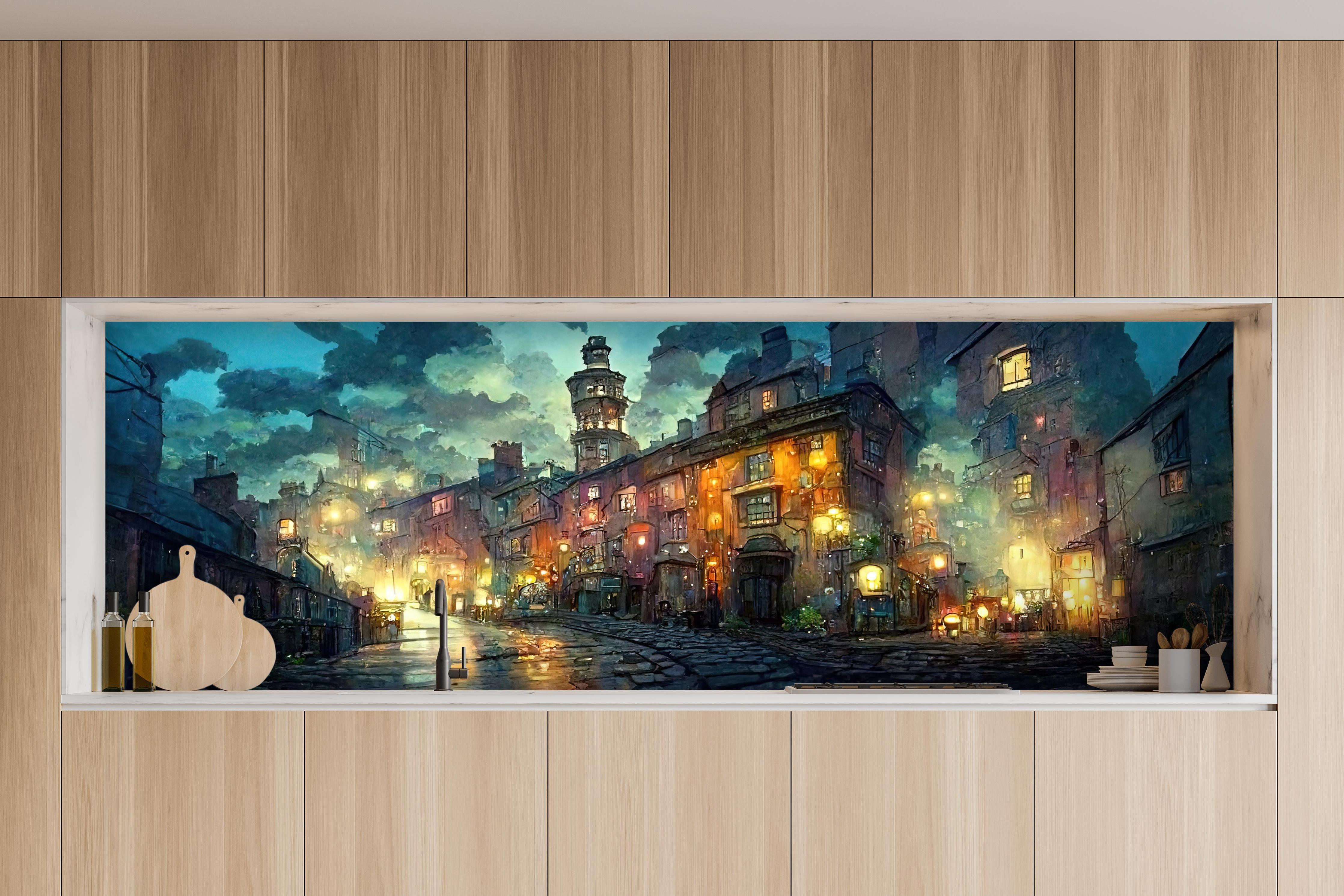 Küche - Gezeichnete Stadt hinter weißen Hochglanz-Küchenregalen und schwarzem Wasserhahn