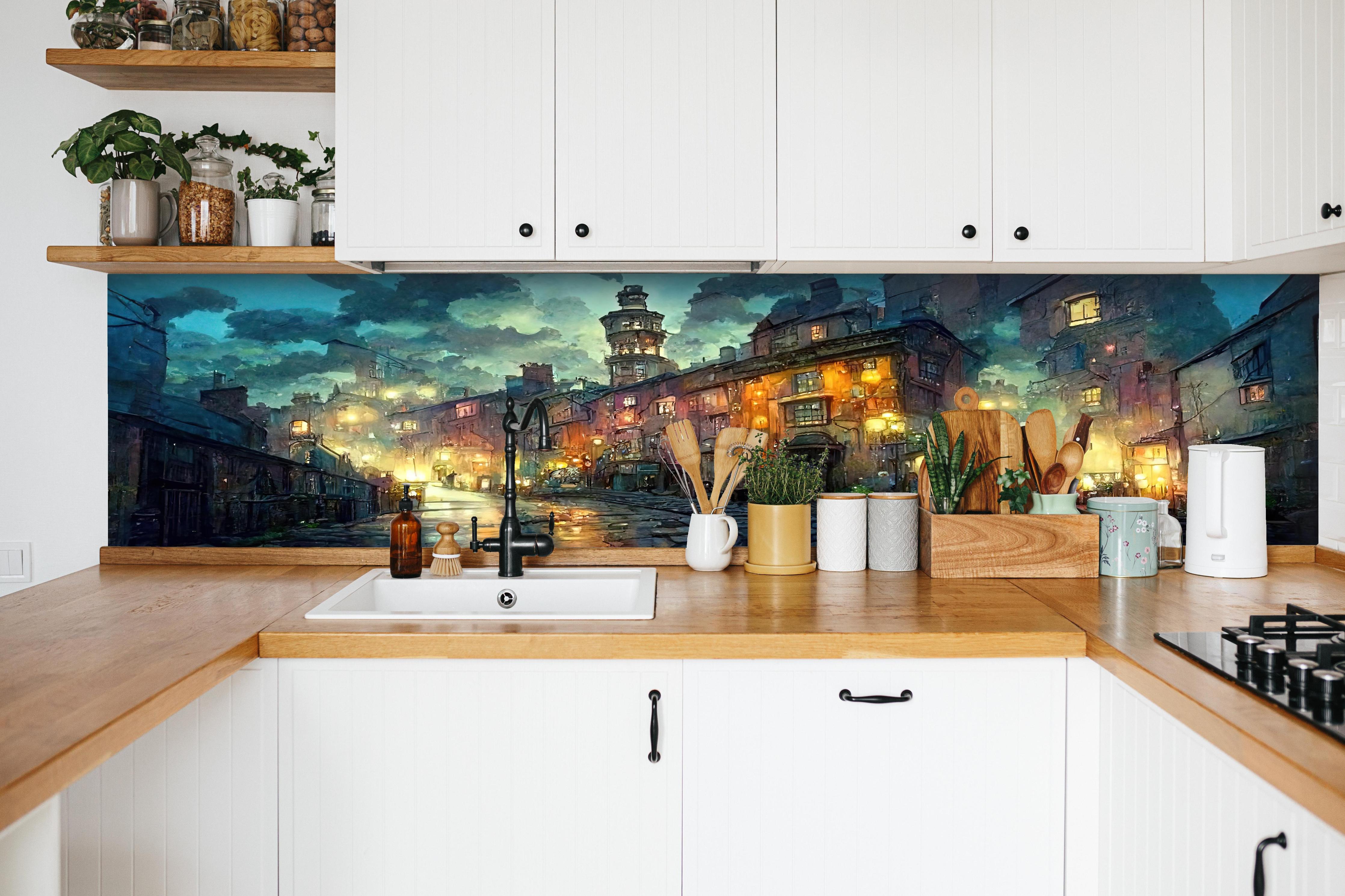 Küche - Gezeichnete Stadt hinter weißen Hochglanz-Küchenregalen und schwarzem Wasserhahn