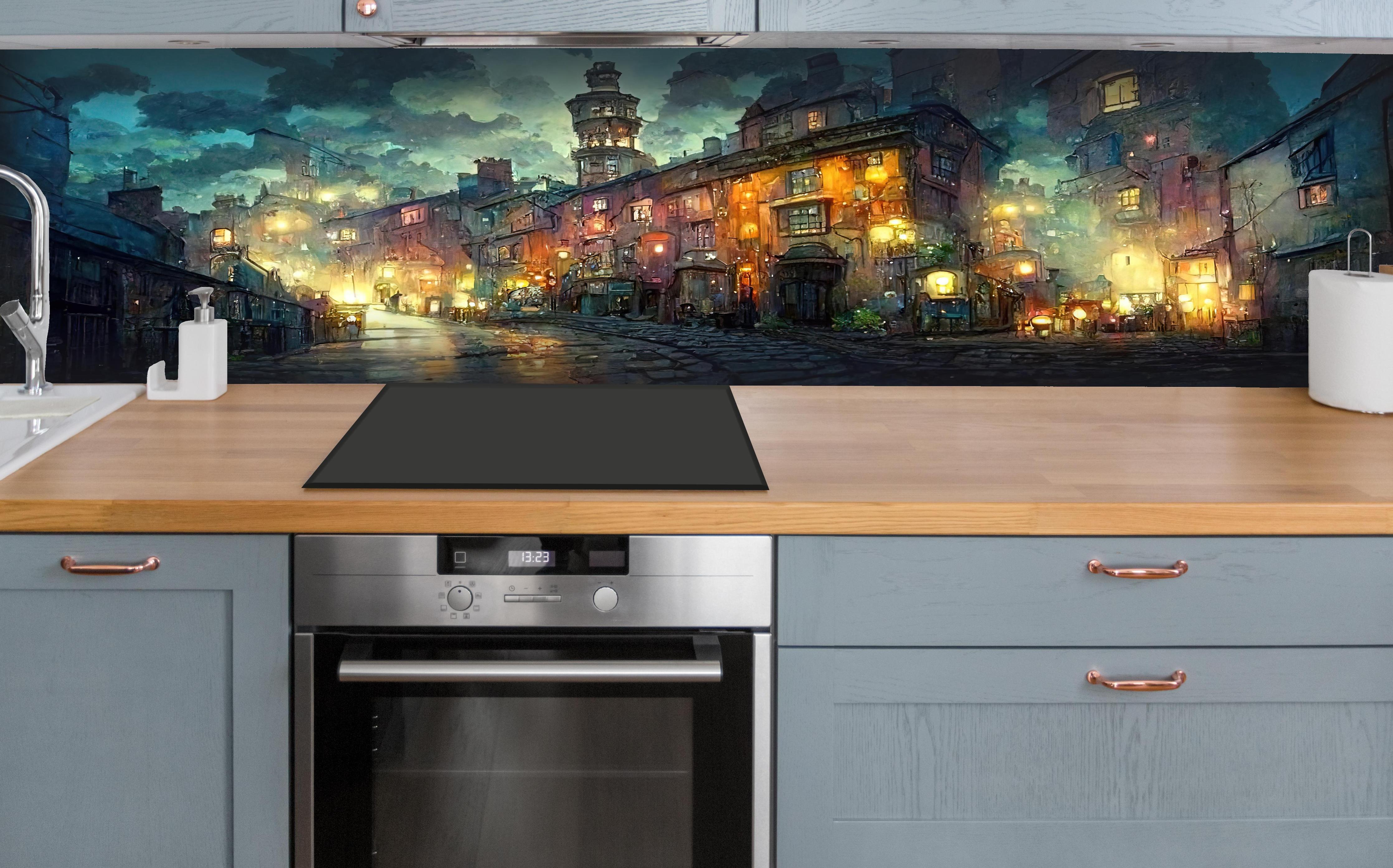 Küche - Gezeichnete Stadt hinter weißen Hochglanz-Küchenregalen und schwarzem Wasserhahn