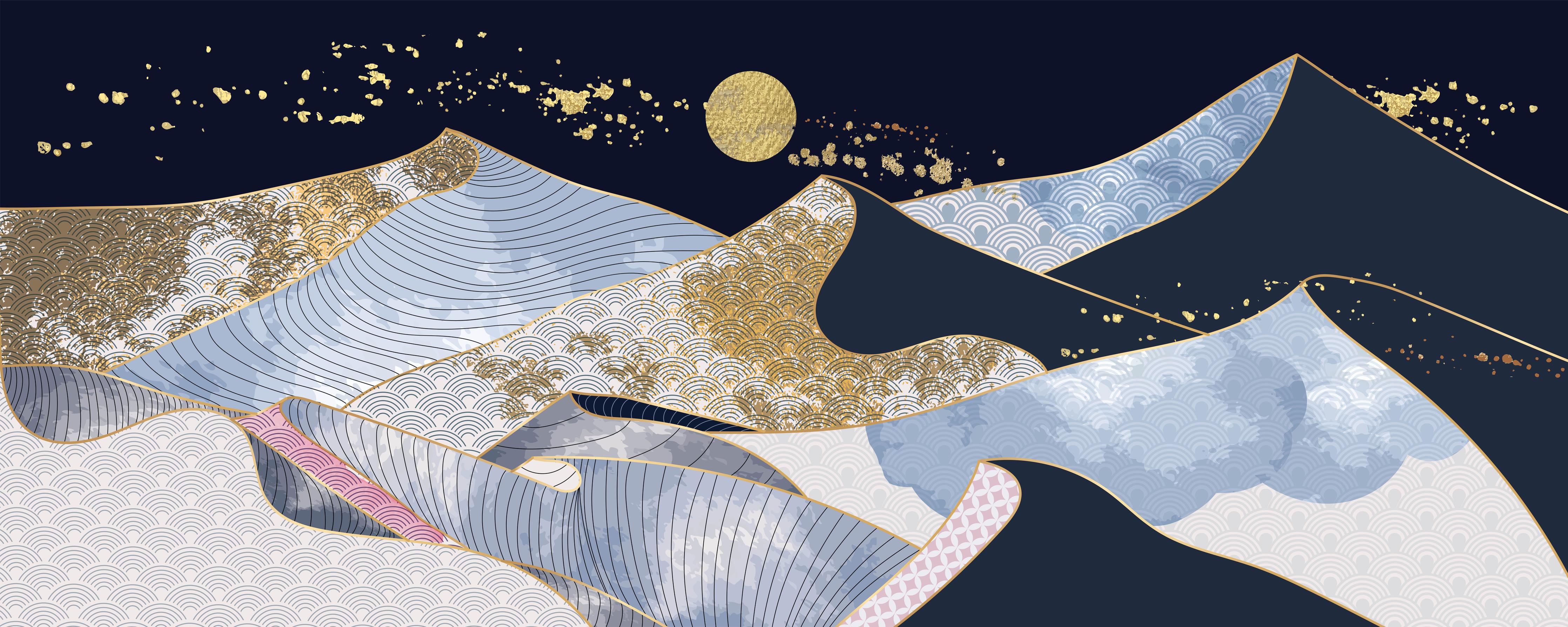 Küchenrückwand-Goldener Mond über blaugrauer Abstraktlandschaft