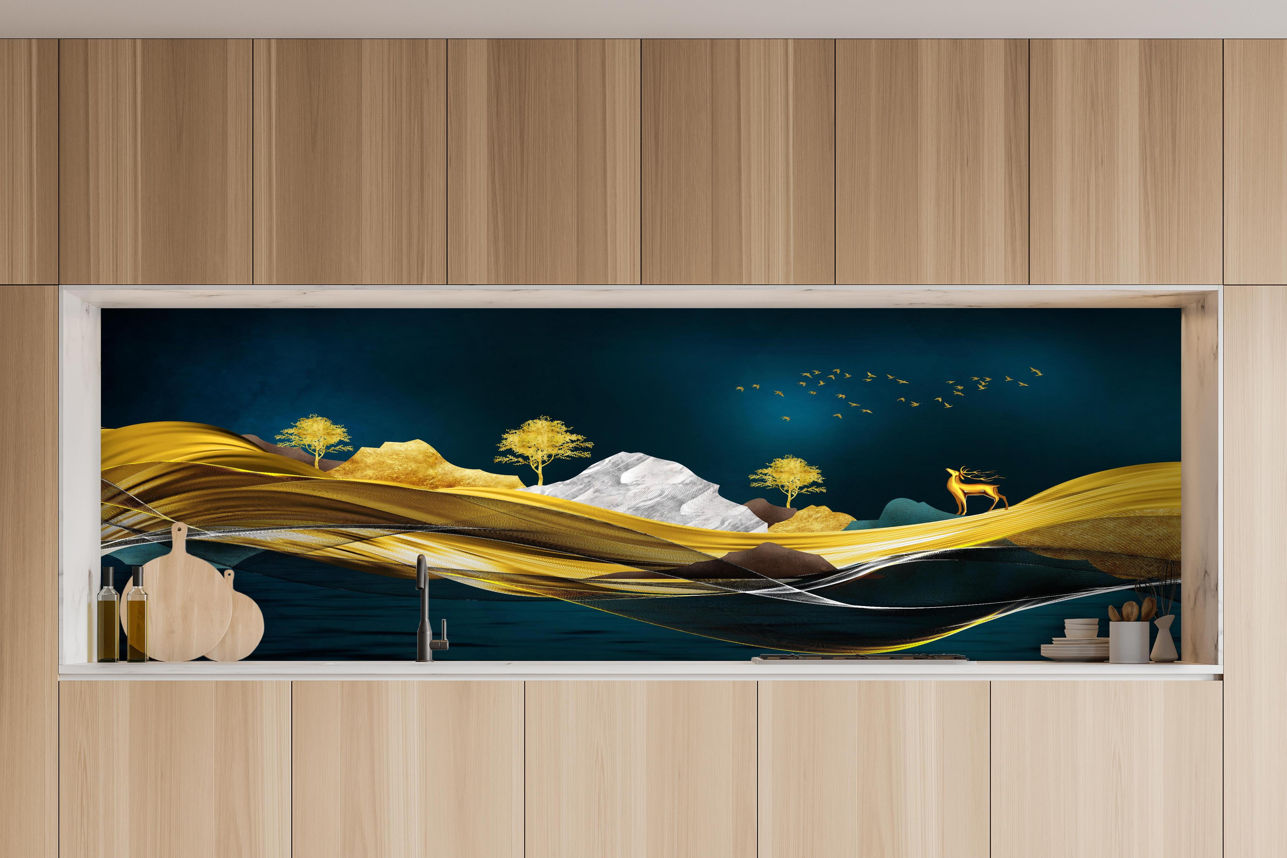 Küche - Goldenes Wellendesign - 3D hinter weißen Hochglanz-Küchenregalen und schwarzem Wasserhahn