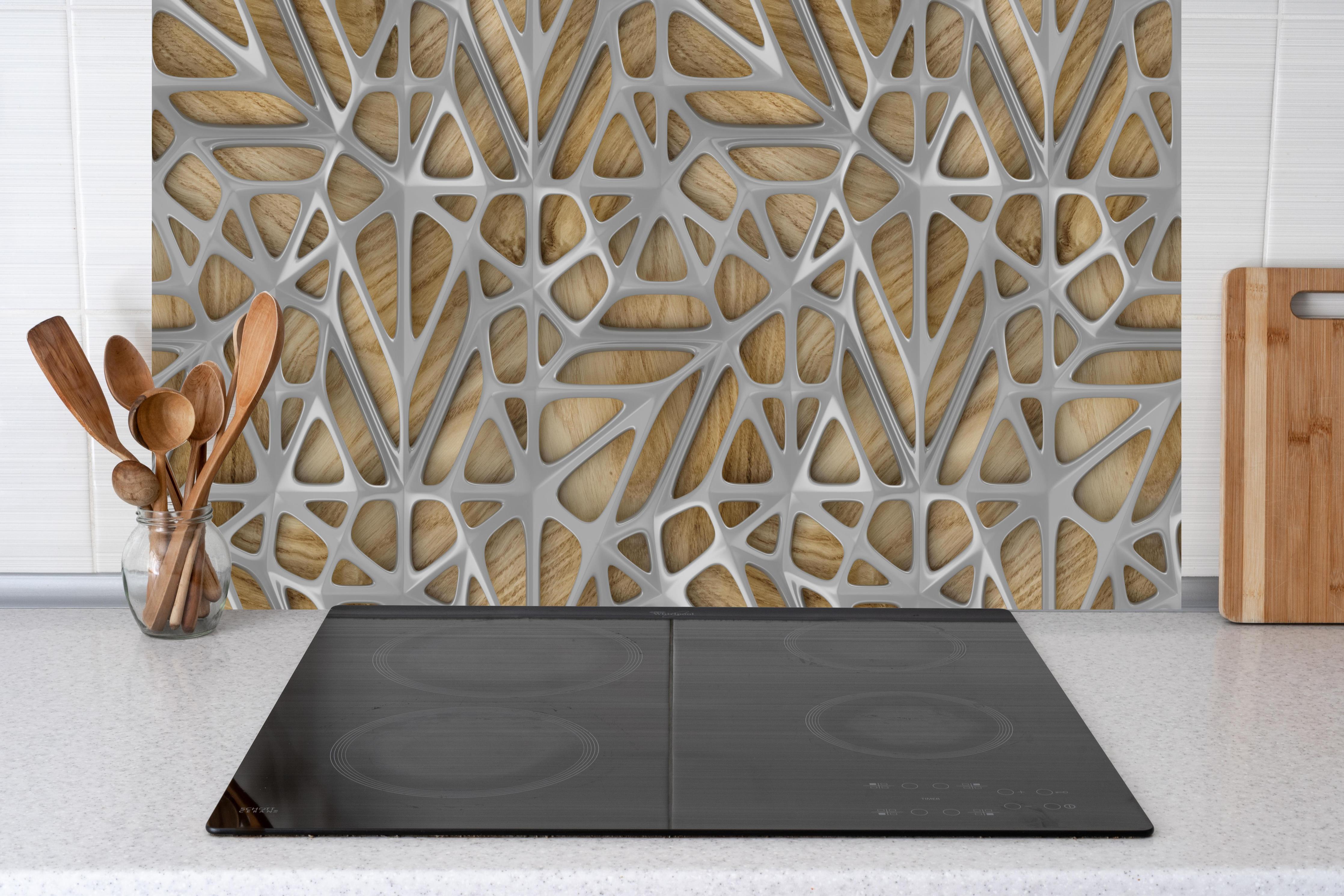 Küche - Gräuliches Gitter Muster hinter weißen Hochglanz-Küchenregalen und schwarzem Wasserhahn