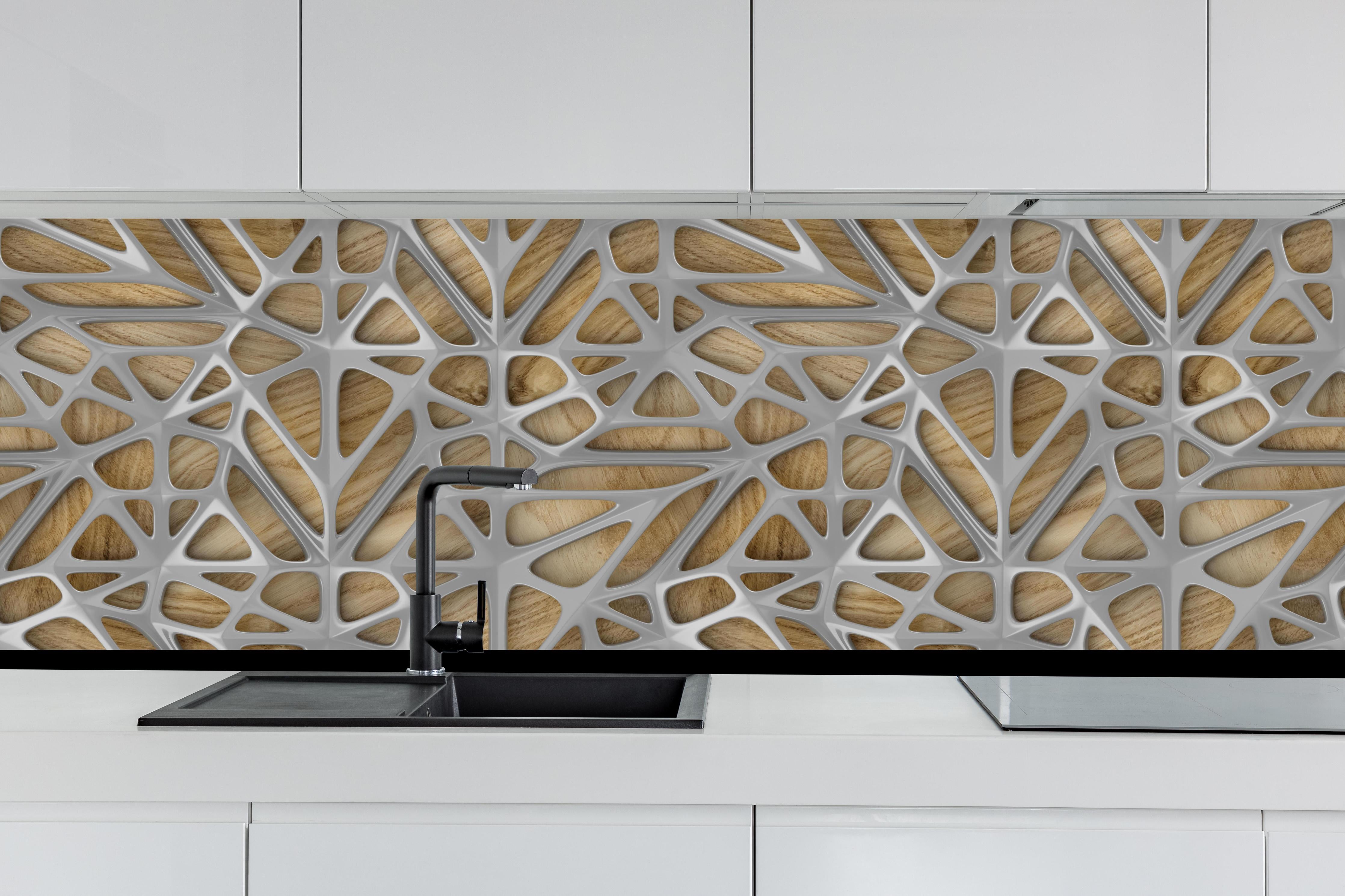 Küche - Gräuliches Gitter Muster hinter weißen Hochglanz-Küchenregalen und schwarzem Wasserhahn