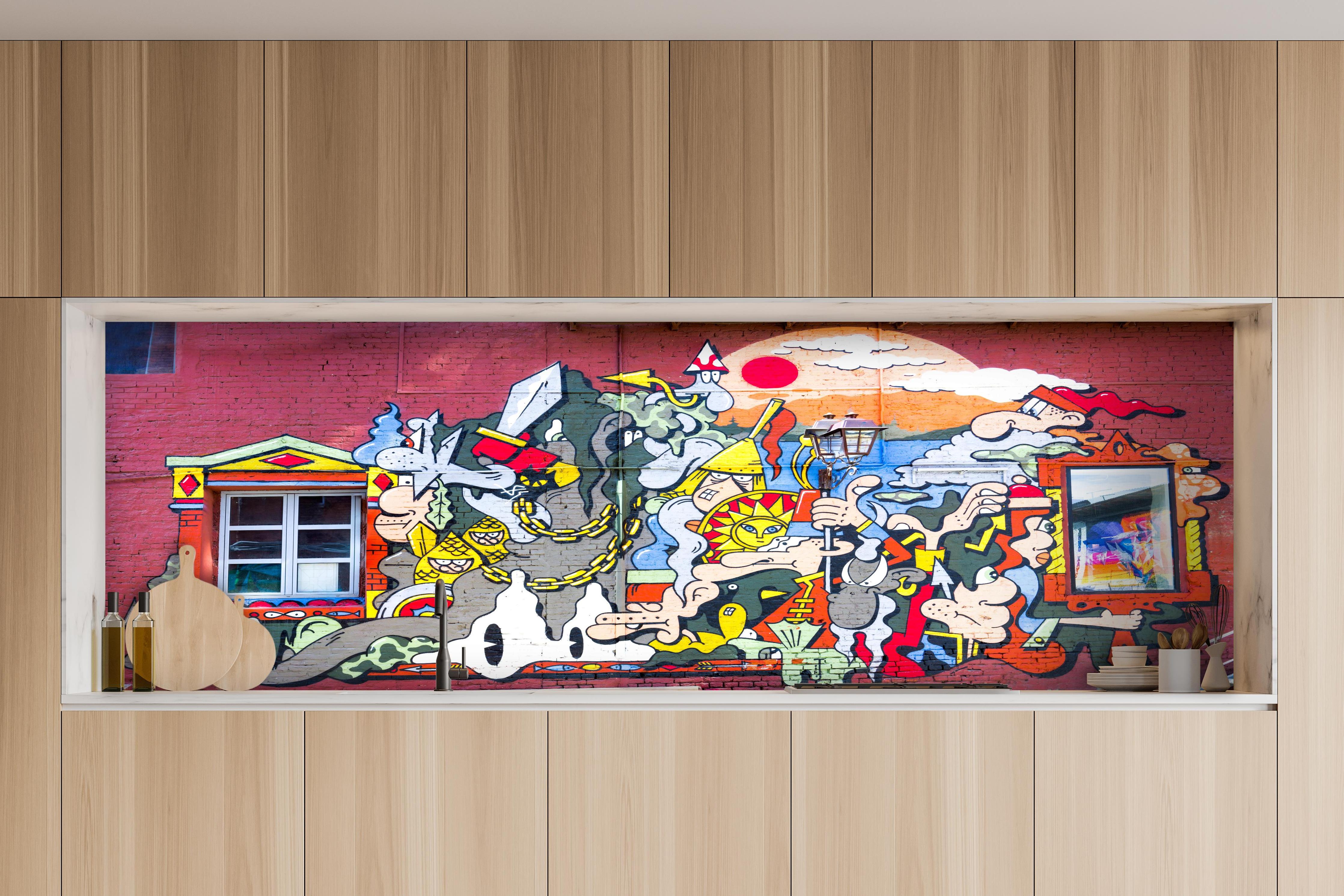 Küche - Graffiti Wand - Urban Streetstyle hinter weißen Hochglanz-Küchenregalen und schwarzem Wasserhahn