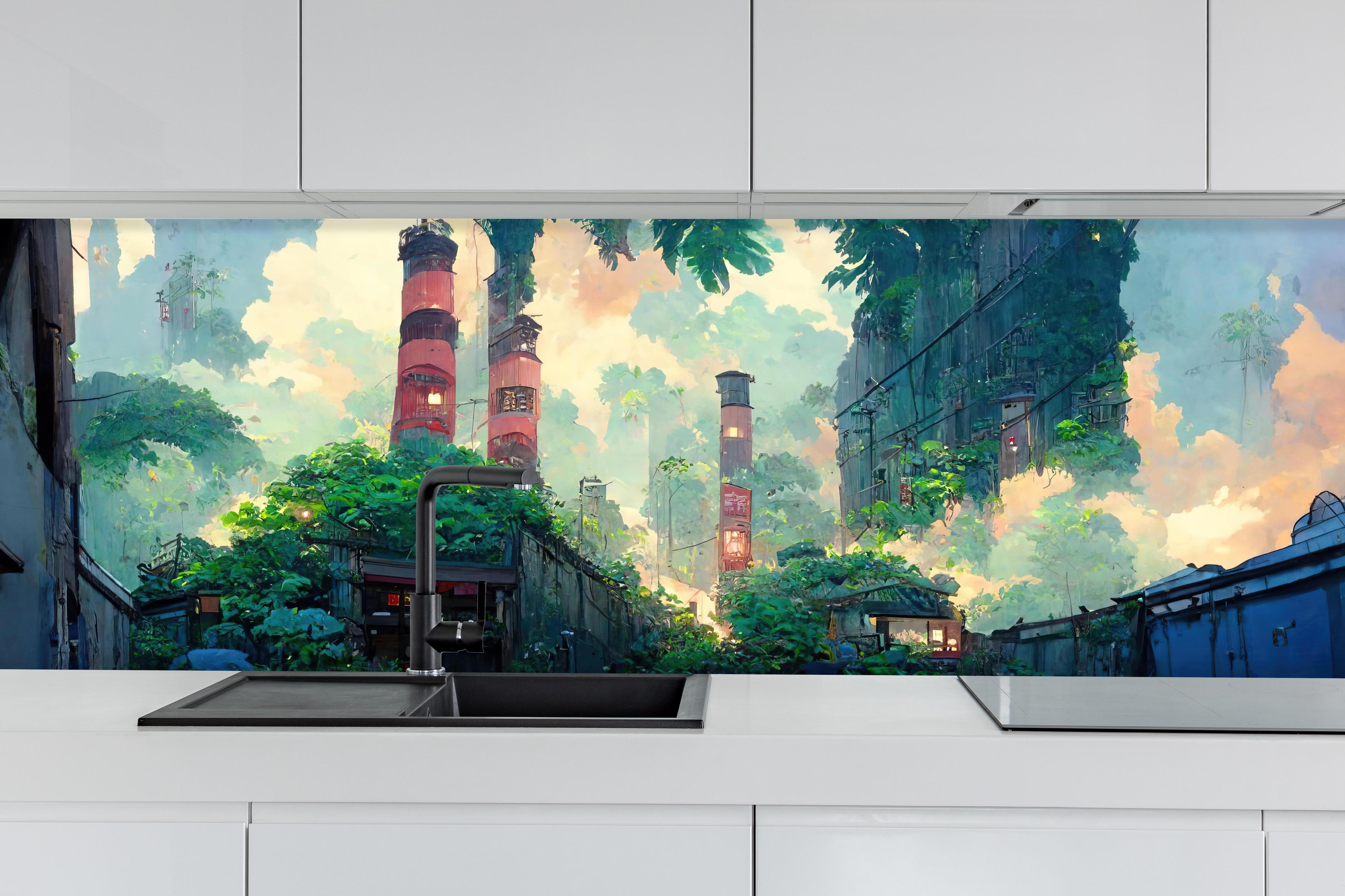 Küche - Graffiti in der Stadt hinter weißen Hochglanz-Küchenregalen und schwarzem Wasserhahn