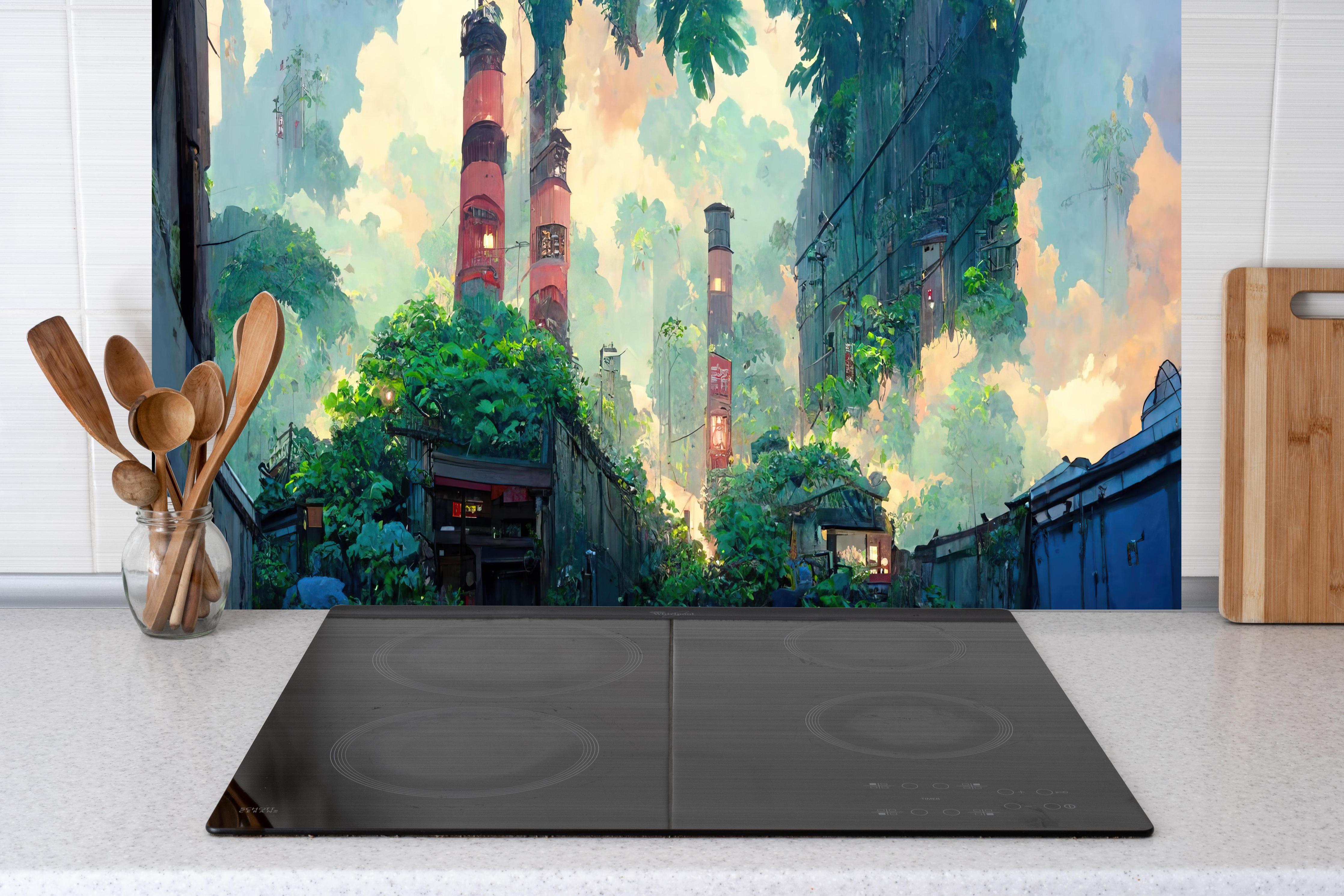 Küche - Graffiti in der Stadt hinter weißen Hochglanz-Küchenregalen und schwarzem Wasserhahn