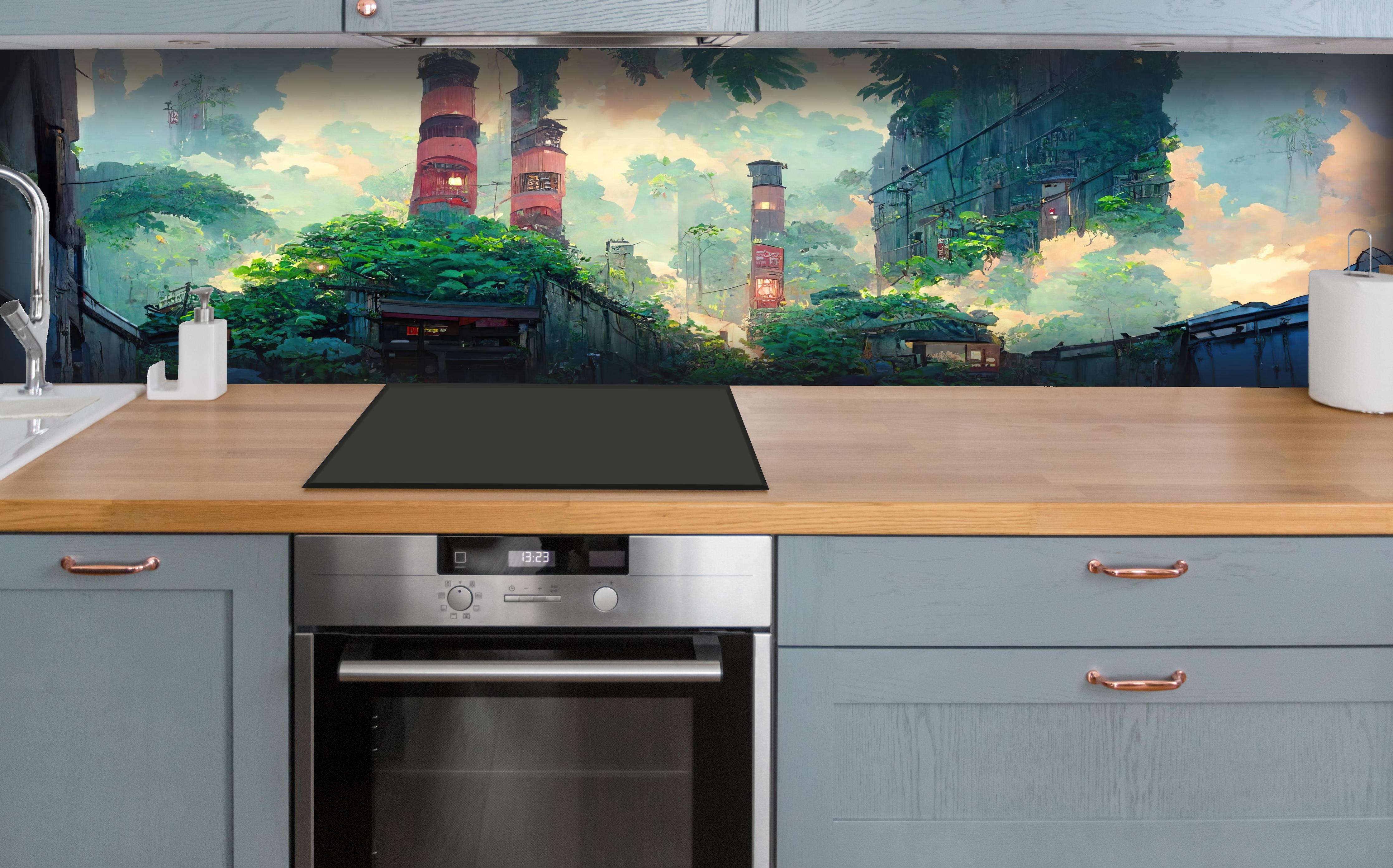 Küche - Graffiti in der Stadt hinter weißen Hochglanz-Küchenregalen und schwarzem Wasserhahn