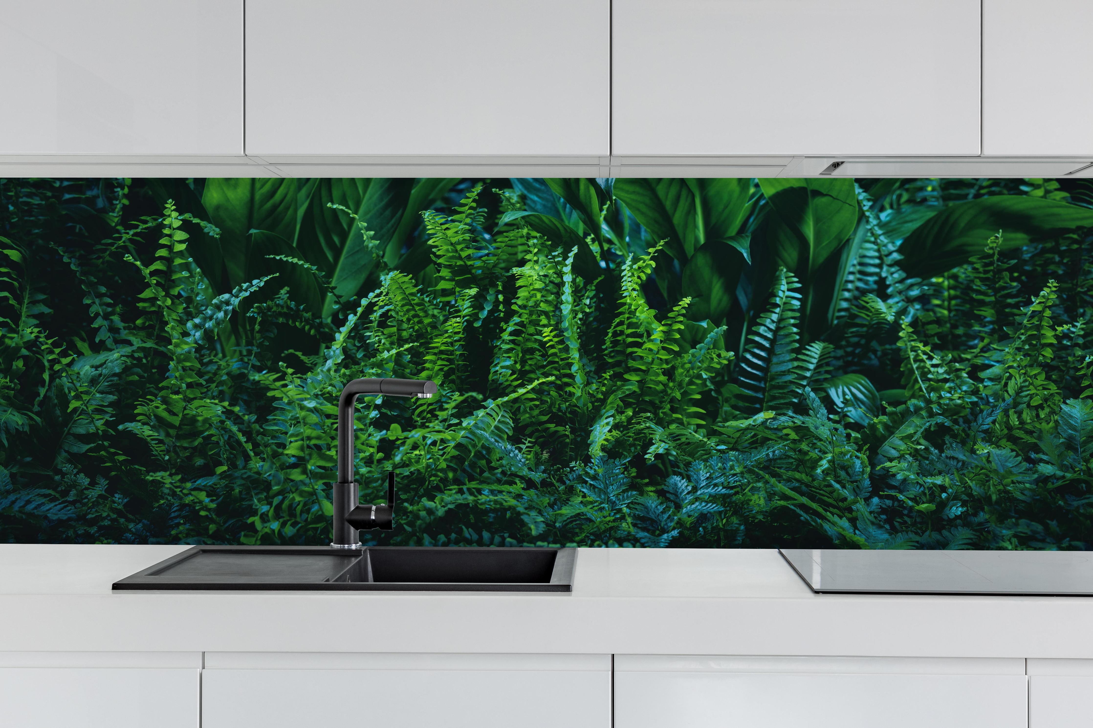 Küche - Grüne Farn Blatt Textur hinter weißen Hochglanz-Küchenregalen und schwarzem Wasserhahn