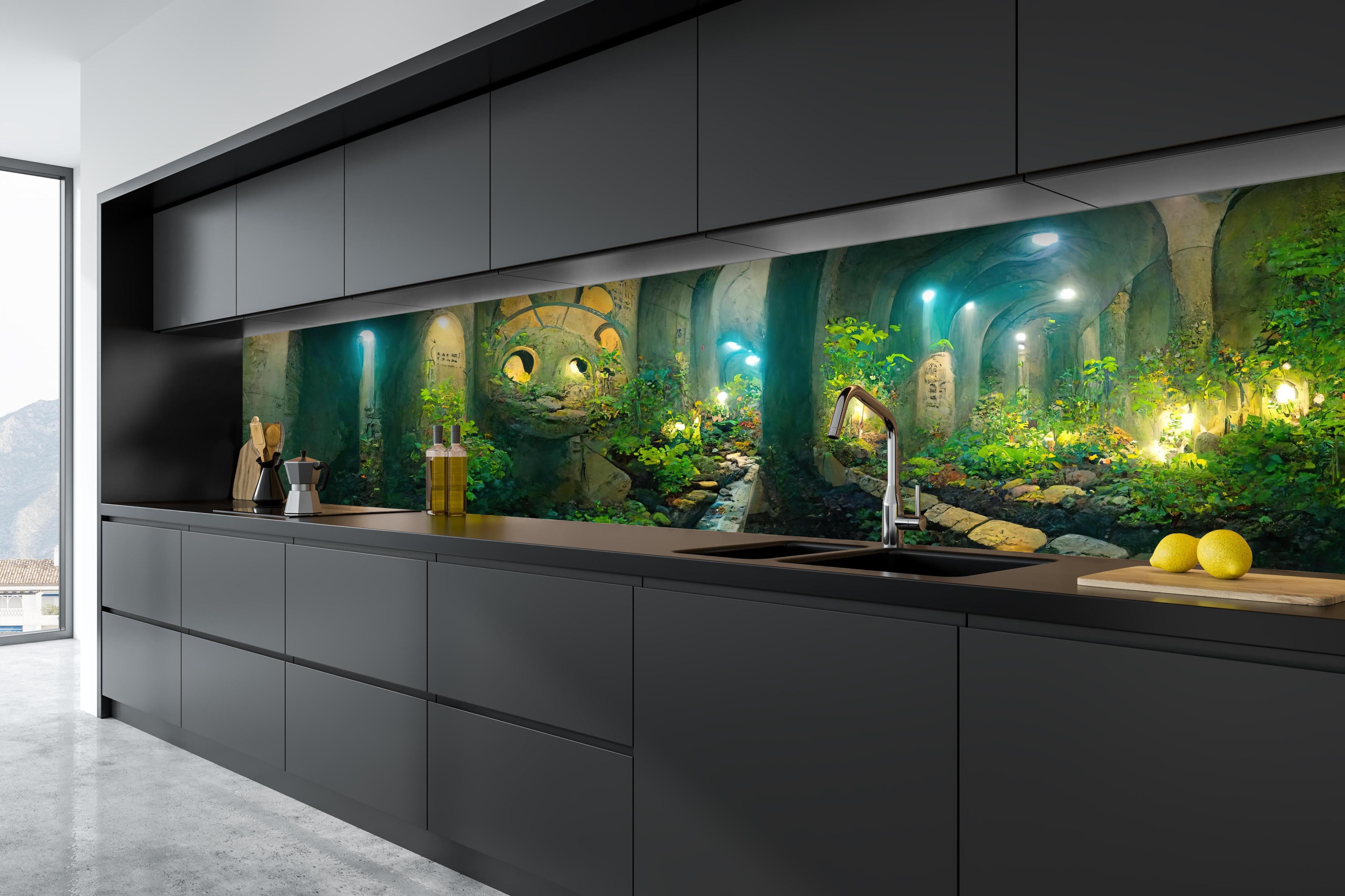 Küche - Grüner Wald im Tunnel hinter weißen Hochglanz-Küchenregalen und schwarzem Wasserhahn