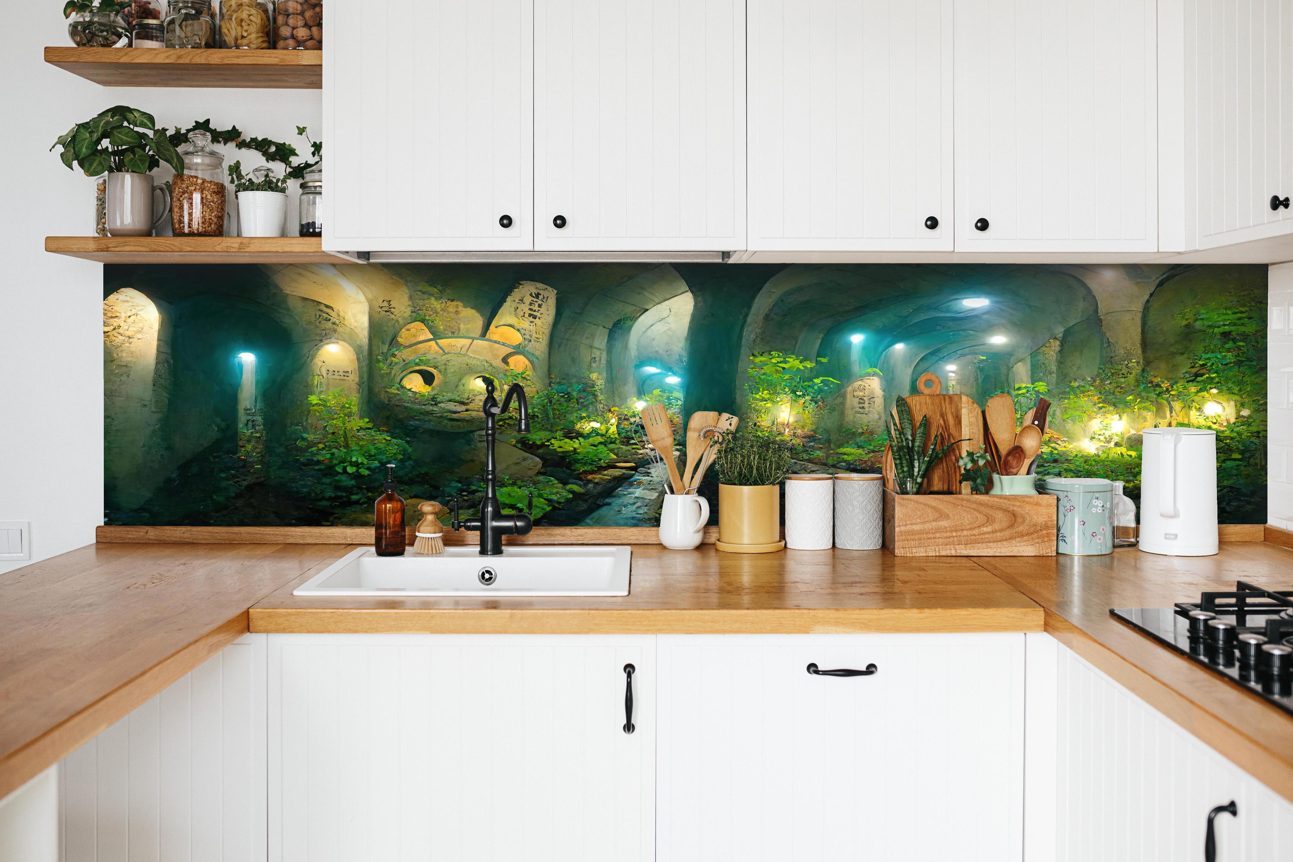 Küche - Grüner Wald im Tunnel hinter weißen Hochglanz-Küchenregalen und schwarzem Wasserhahn