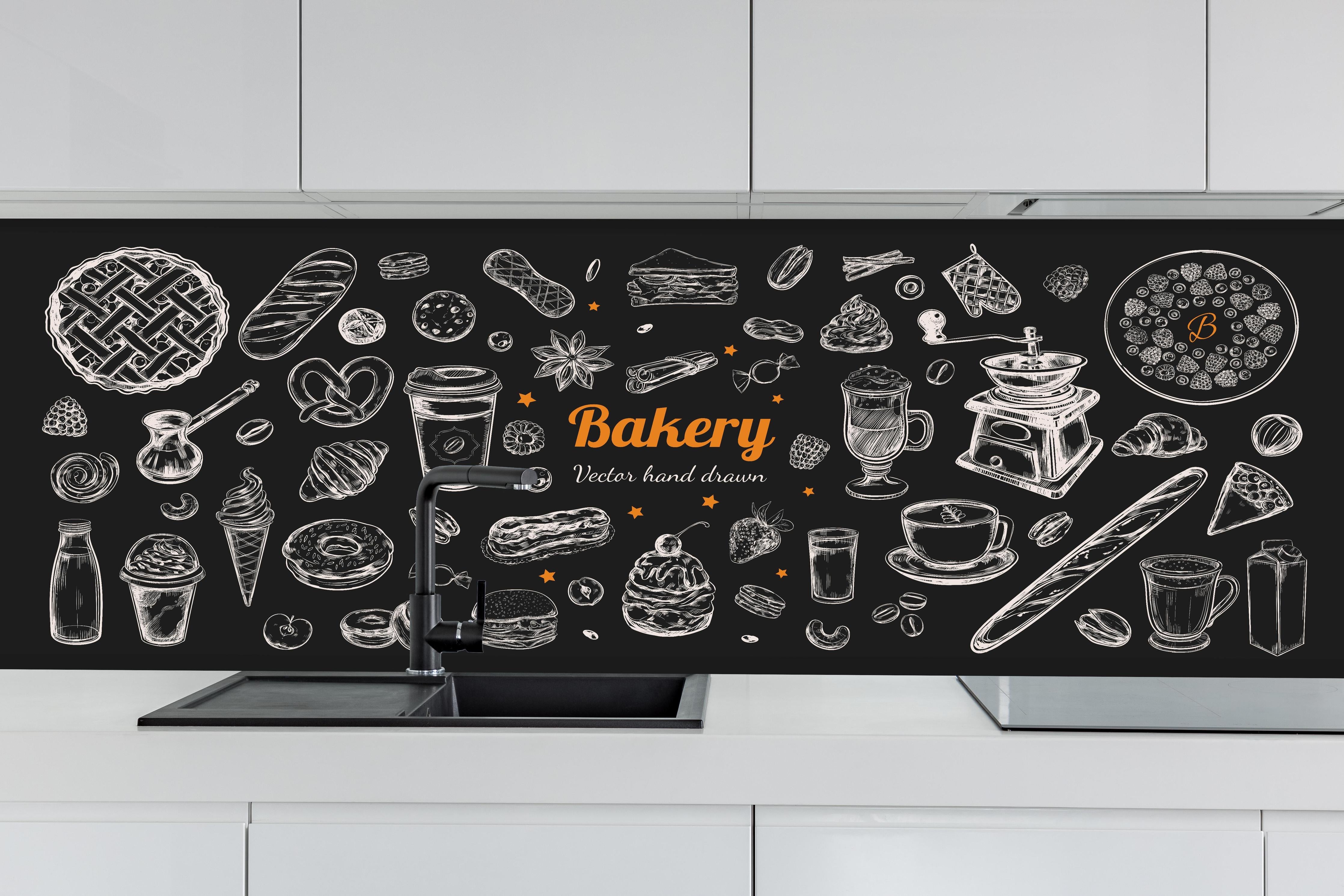 Küche - Handgezeichnete Backwaren und Kaffee Illustration hinter weißen Hochglanz-Küchenregalen und schwarzem Wasserhahn