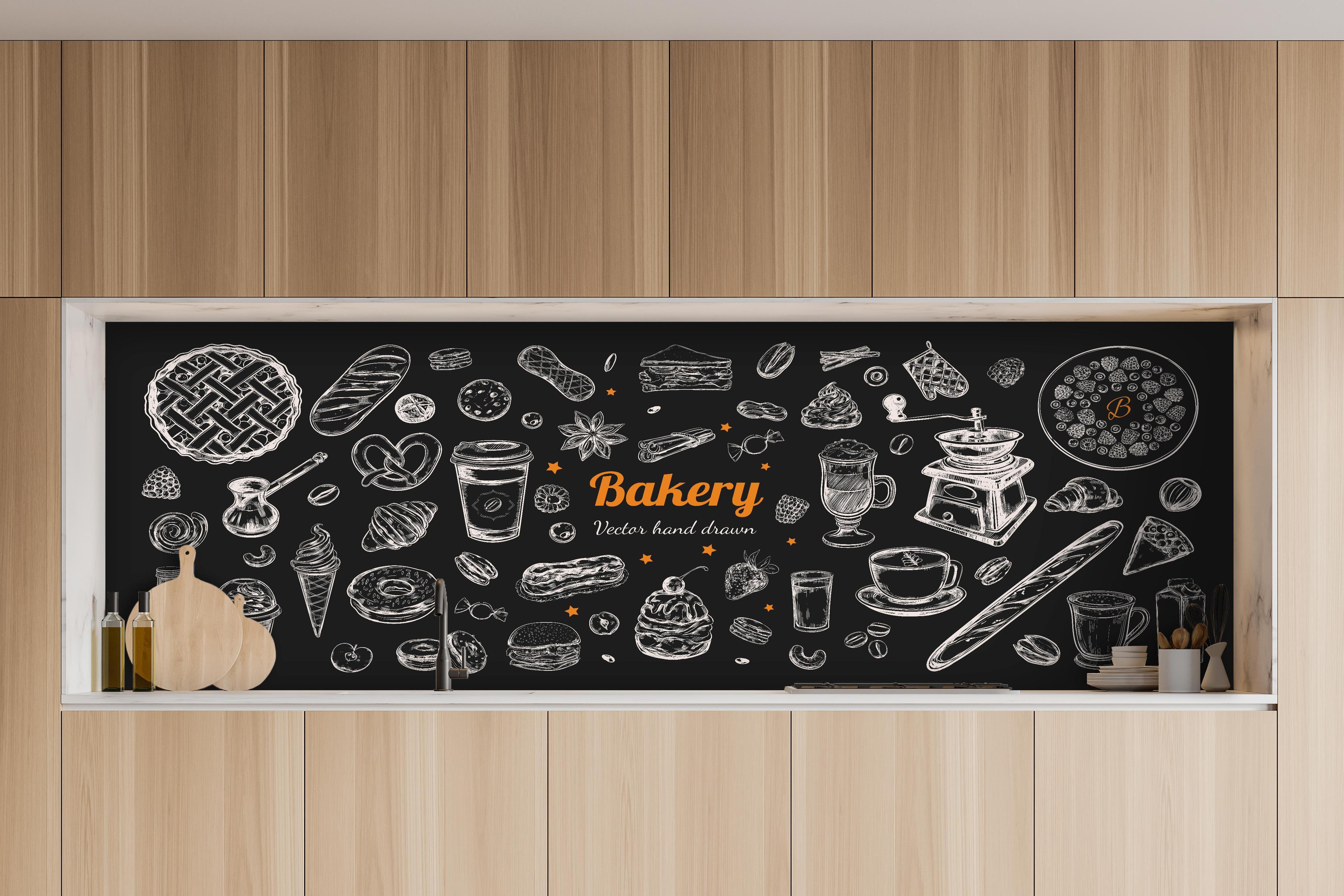 Küche - Handgezeichnete Backwaren und Kaffee Illustration hinter weißen Hochglanz-Küchenregalen und schwarzem Wasserhahn