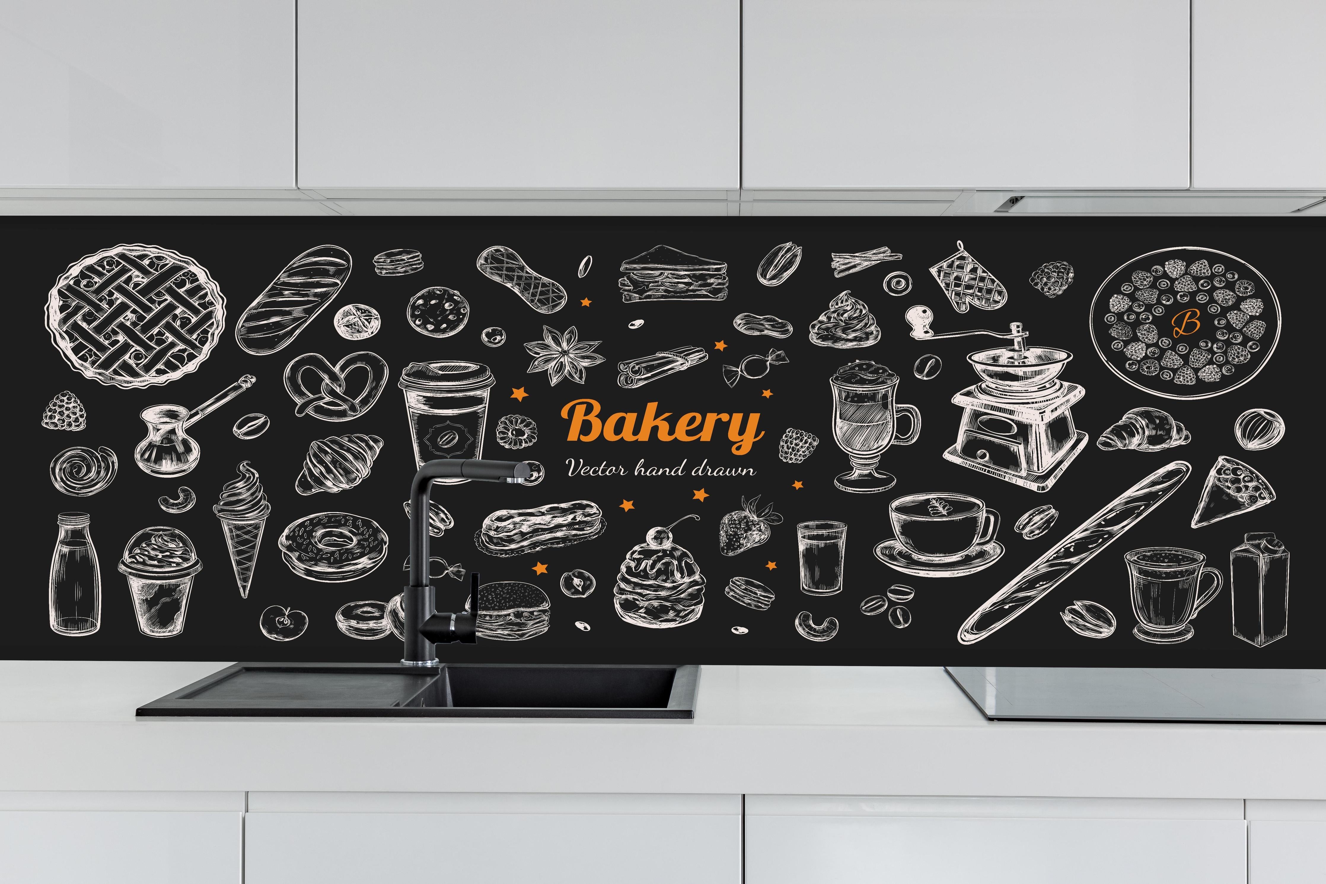 Küche - Handgezeichnete Bäckerei-Motivillustration hinter weißen Hochglanz-Küchenregalen und schwarzem Wasserhahn
