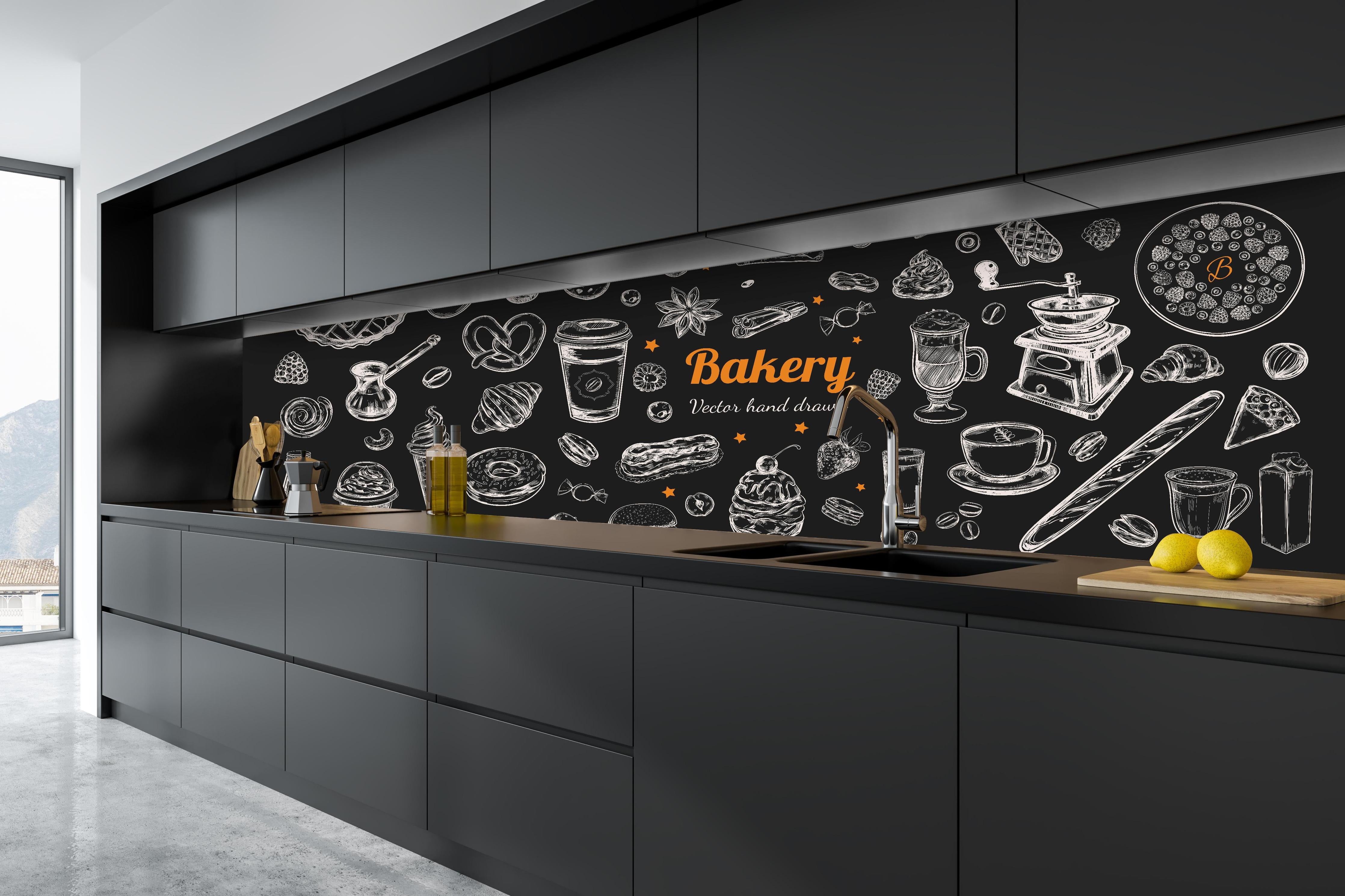 Küche - Handgezeichnete Bäckerei-Motivillustration hinter weißen Hochglanz-Küchenregalen und schwarzem Wasserhahn
