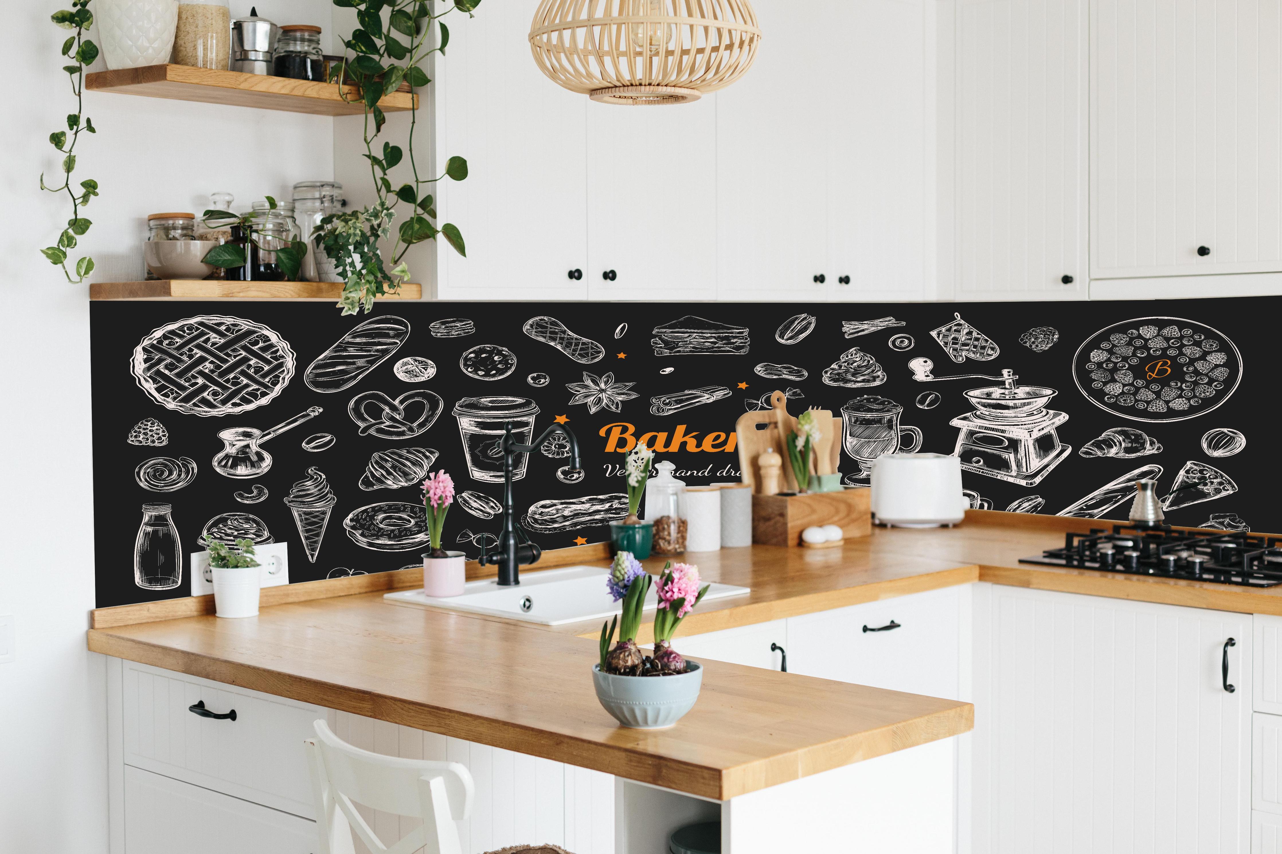 Küche - Handgezeichnete Bäckerei-Motivillustration hinter weißen Hochglanz-Küchenregalen und schwarzem Wasserhahn