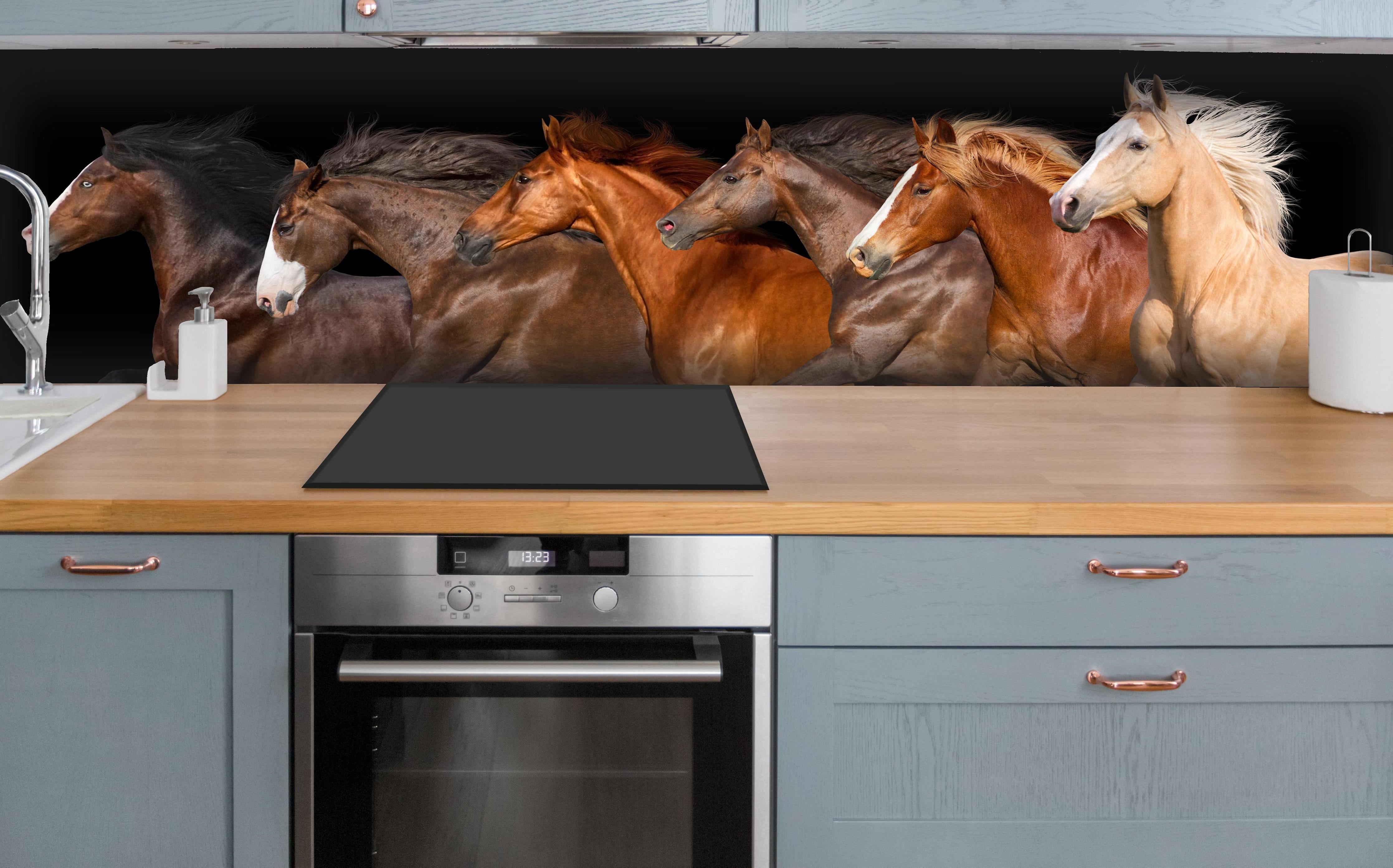 Küche - Herde galoppierender Pferde auf Schwarz hinter weißen Hochglanz-Küchenregalen und schwarzem Wasserhahn