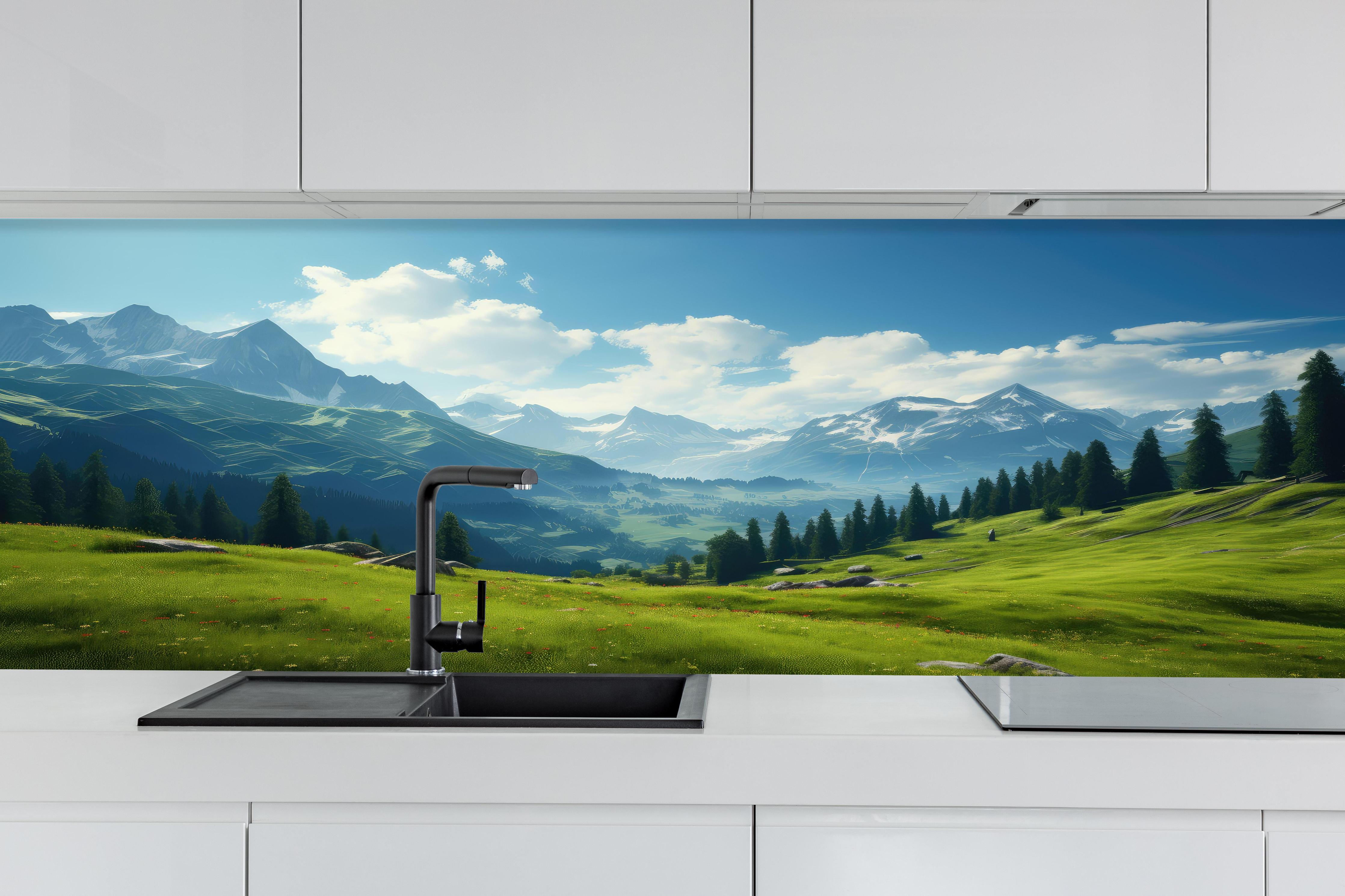 Küche - Idyllische Alpenlandschaft in Sommerfrische hinter weißen Hochglanz-Küchenregalen und schwarzem Wasserhahn
