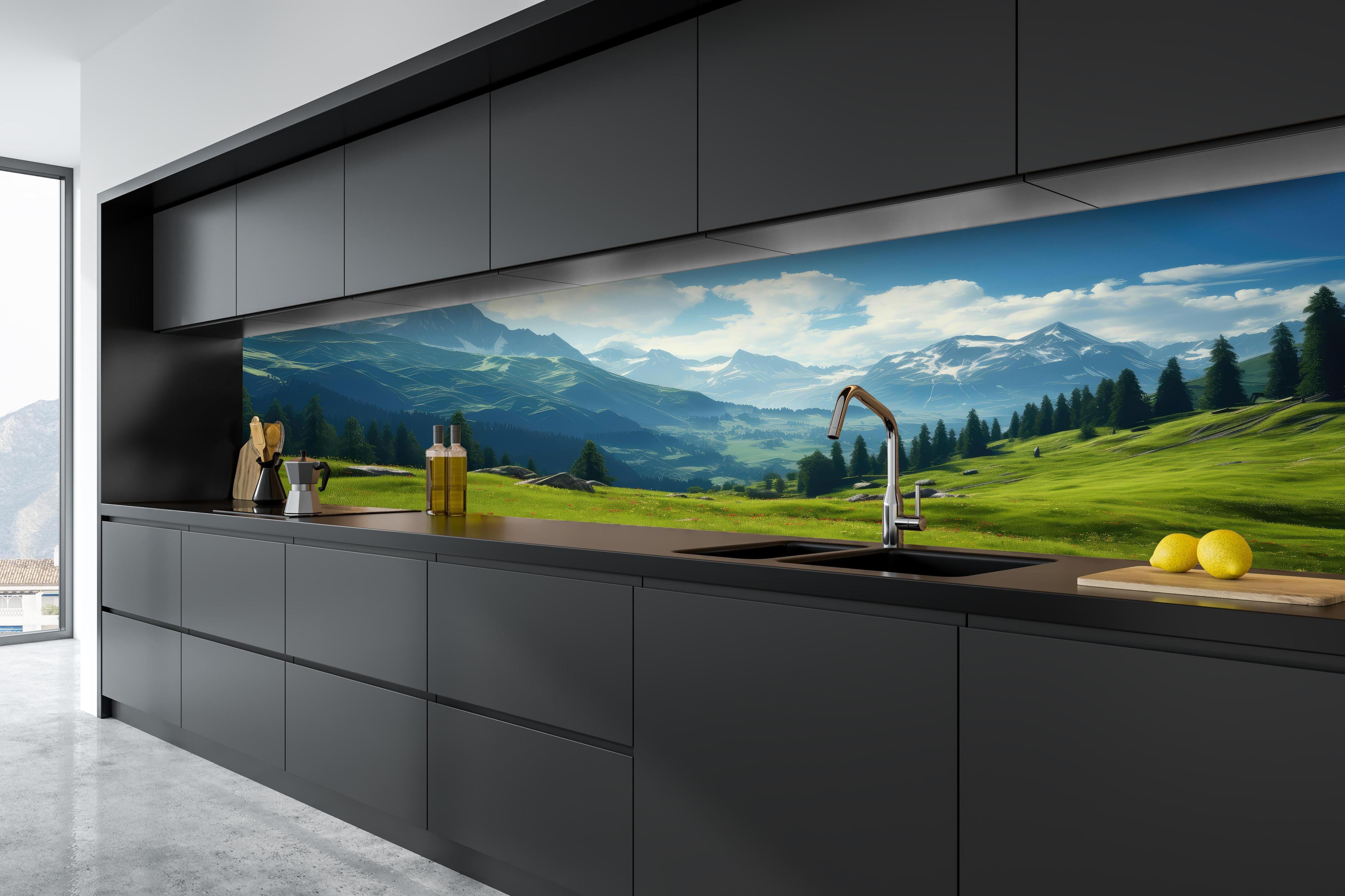 Küche - Idyllische Alpenlandschaft in Sommerfrische hinter weißen Hochglanz-Küchenregalen und schwarzem Wasserhahn