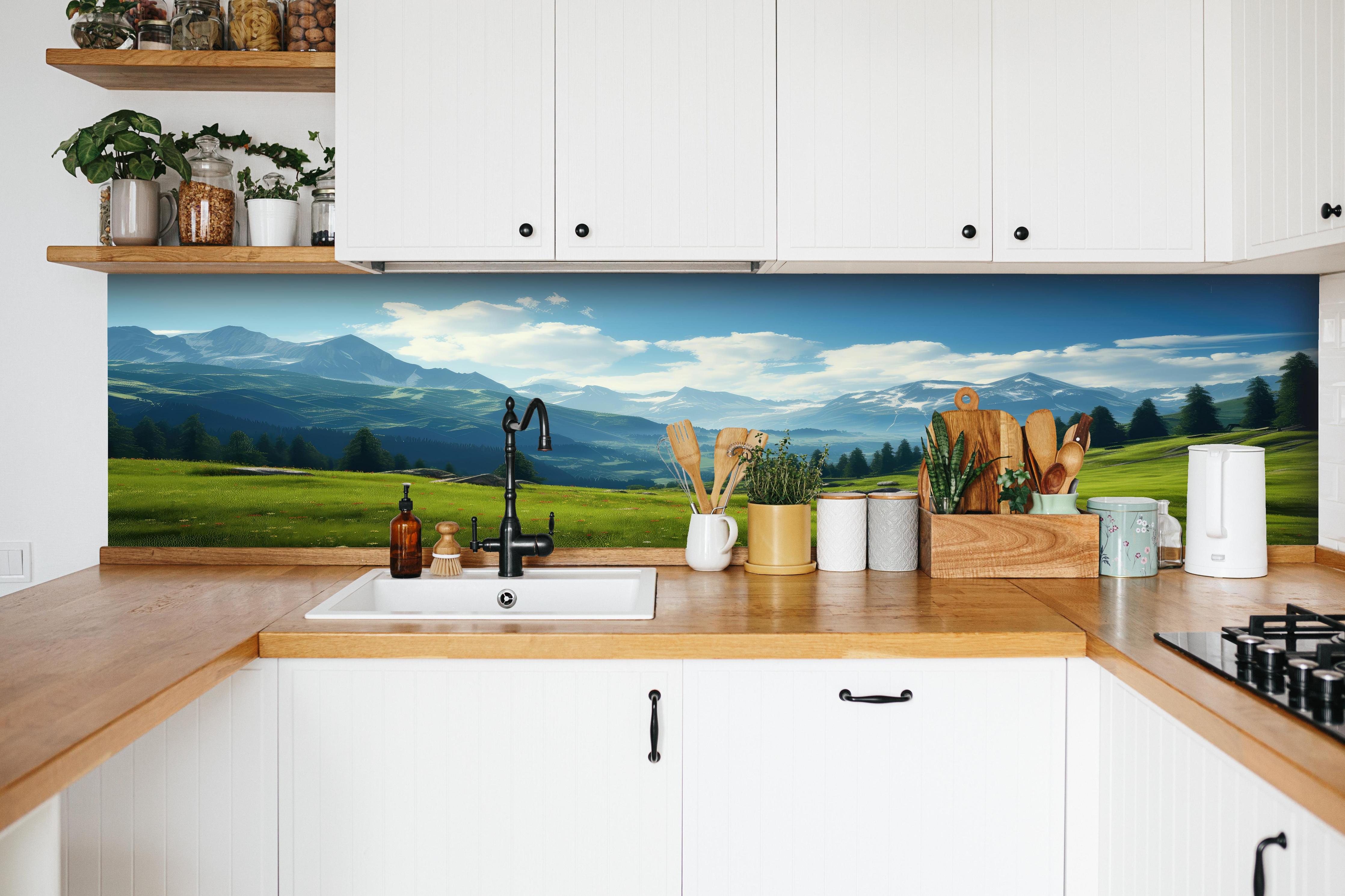 Küche - Idyllische Alpenlandschaft in Sommerfrische hinter weißen Hochglanz-Küchenregalen und schwarzem Wasserhahn