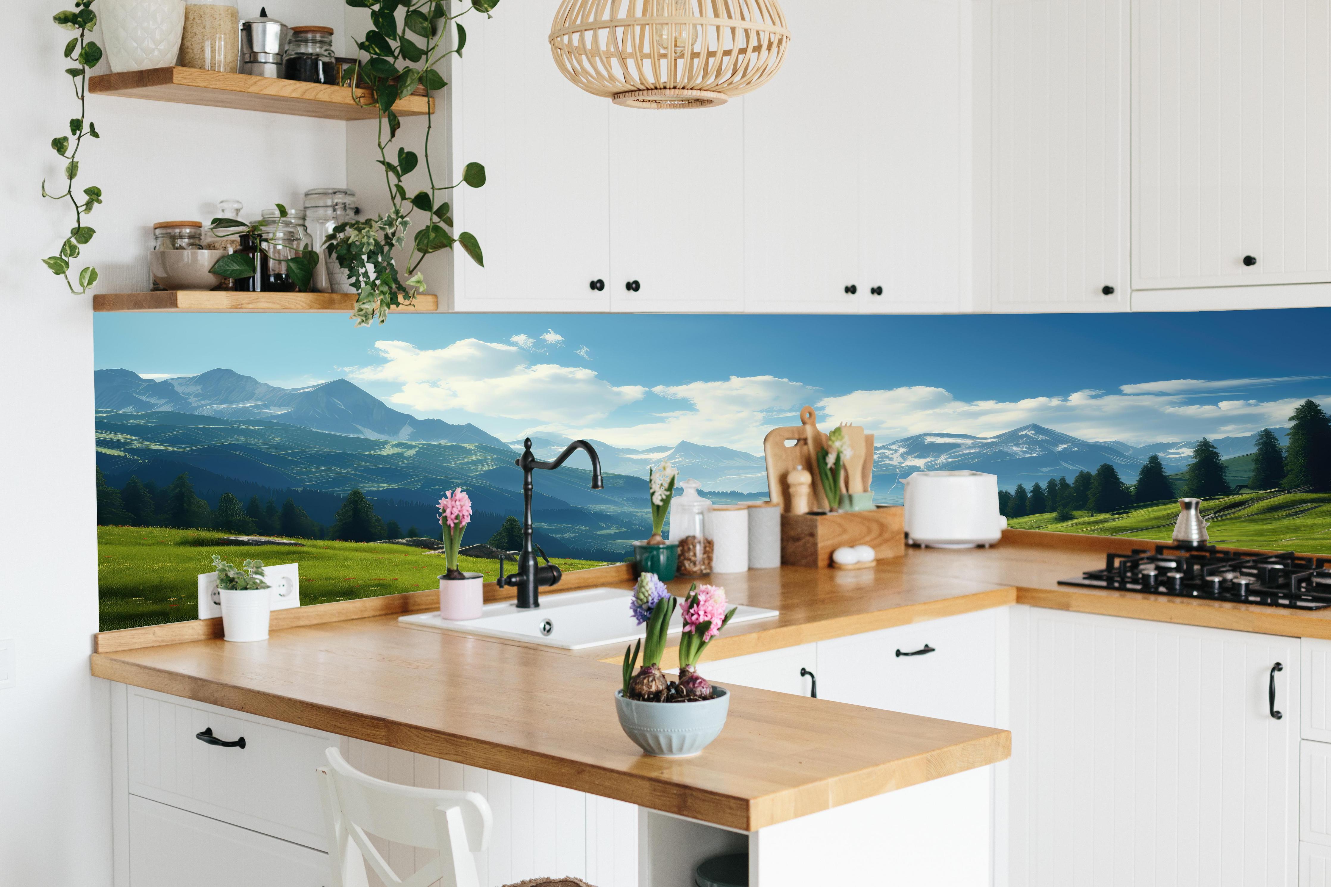 Küche - Idyllische Alpenlandschaft in Sommerfrische hinter weißen Hochglanz-Küchenregalen und schwarzem Wasserhahn